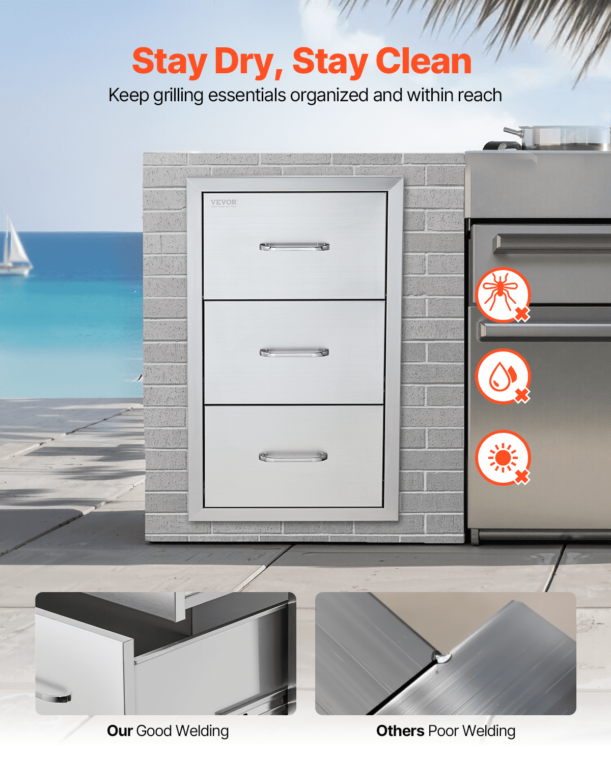 Flush triple access drawer raised style height triple drawer, 76 x 43 cm,stainless steel - Image 3