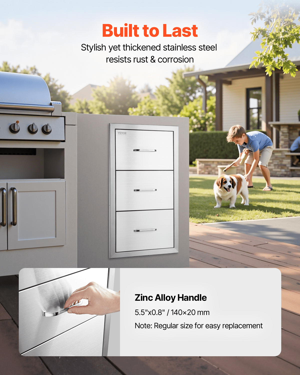 Flush triple access drawer raised style height triple drawer, 76 x 43 cm,stainless steel - Image 4