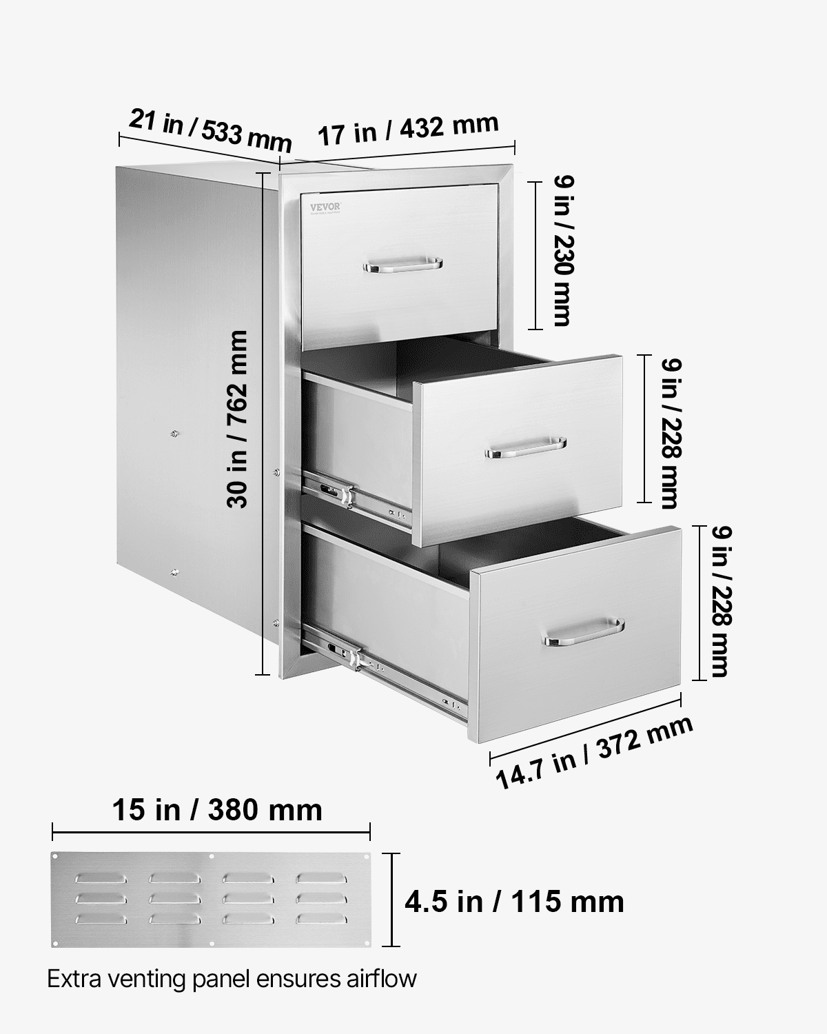 Flush triple access drawer raised style height triple drawer, 76 x 43 cm,stainless steel - Image 7