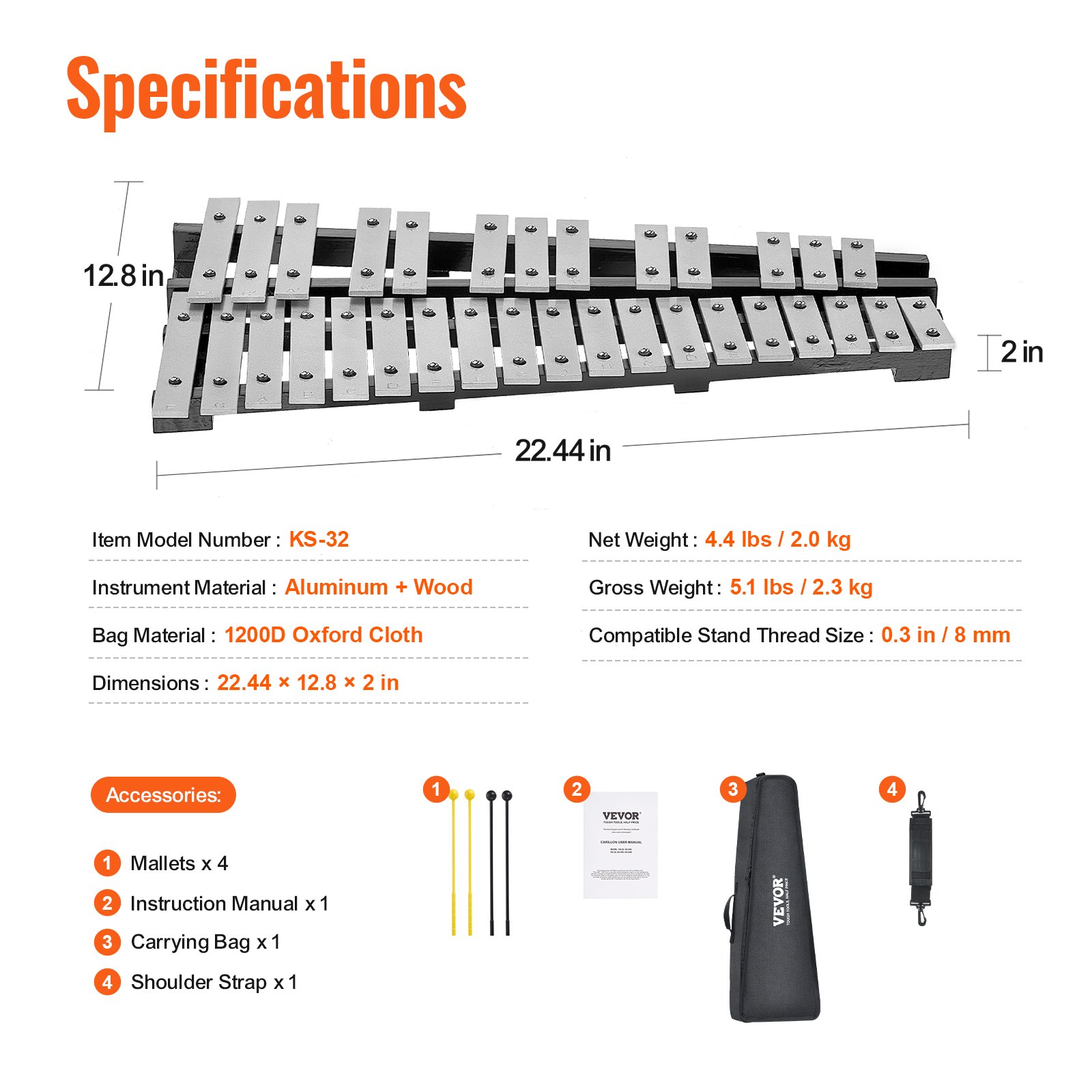 32 Note Glockenspiel Xylophone Bell Kit, Percussion Instrument with Mallets, Drum Sticks and Carrying Bag, Professional Glockenspiel Xylophone Percussion Instrument Set for Adults & Students - Image 7