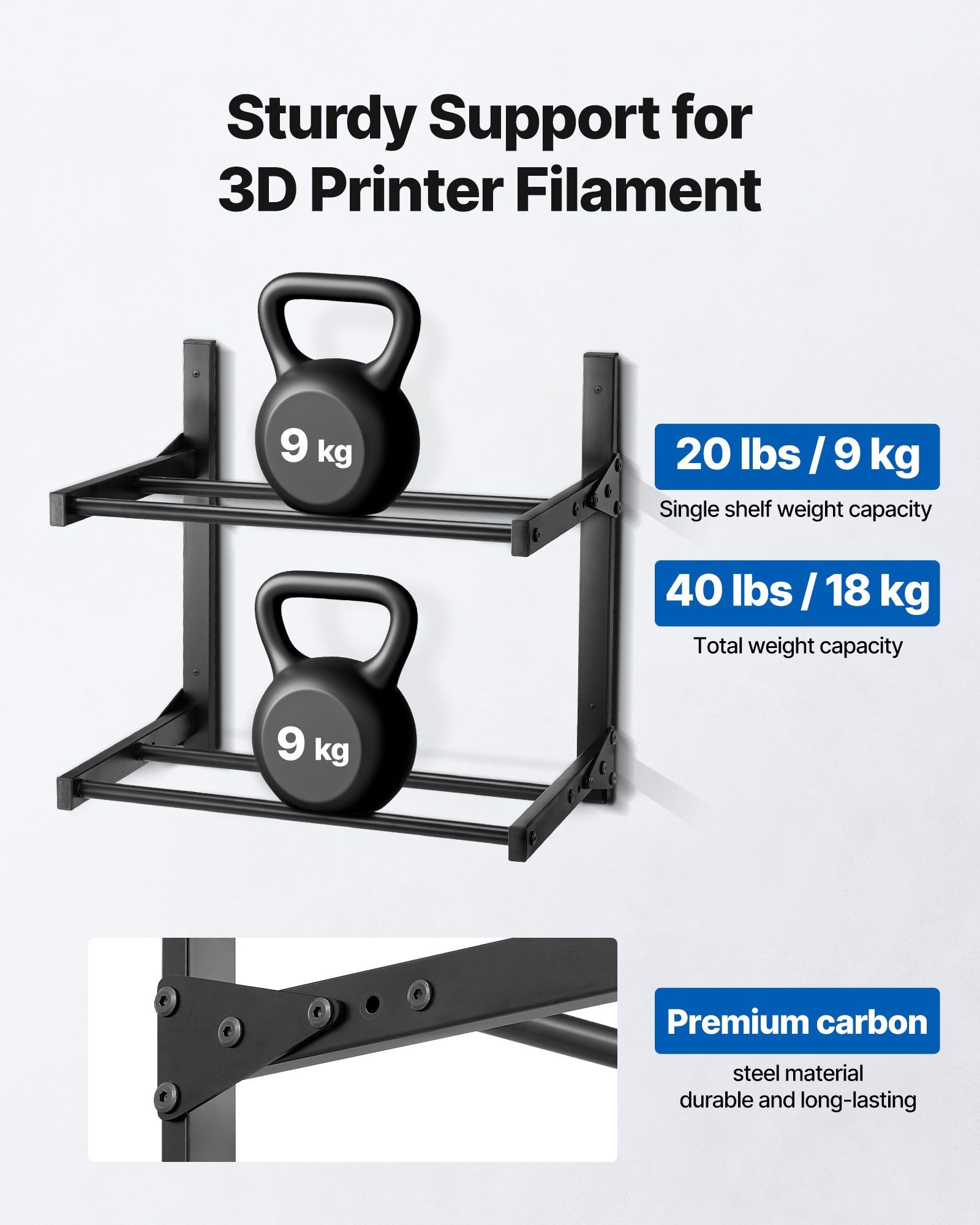 Wall Mount Printer Filament Storage Rack, 2-Tier Wall Bracket Storage Shelf, Rolling Filament Spool Holders Racks with Wheels, Filaments Organzied for 3D Printing Studio, Workshop (Shelf Only) - Image 2