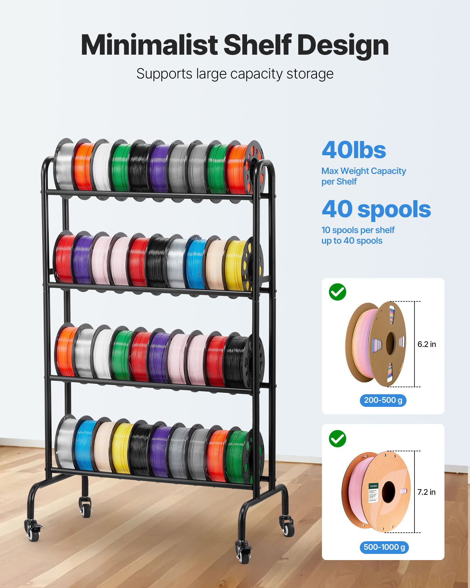 3D Printer Filament Storage Rack, 4 Tier Heavy Duty Storage Shelf, Rolling Filament Spool Holders Racks with Wheels, Filaments Organzied for 3D Printing Station, Office, Workshop (Shelf Only) - Image 2