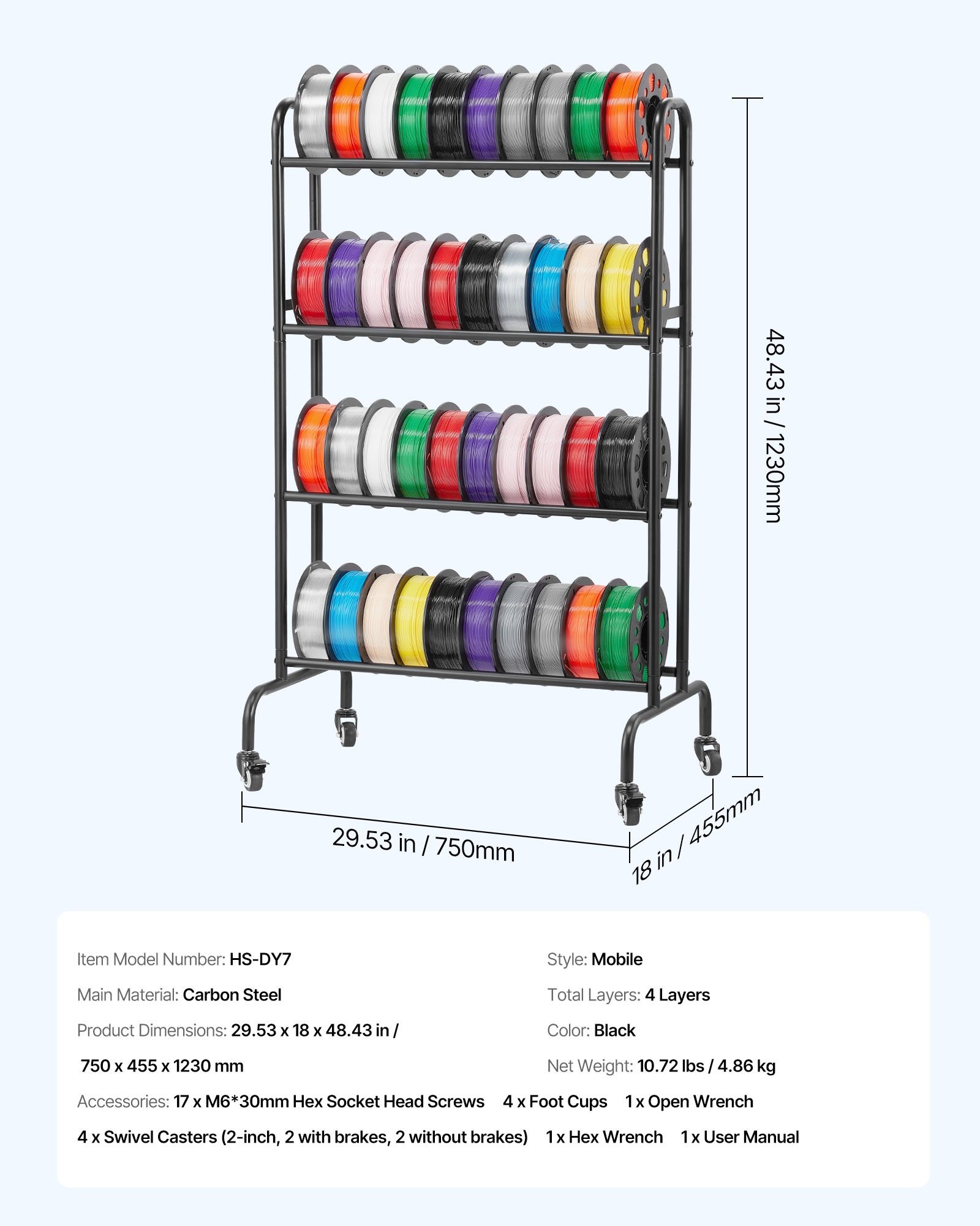 3D Printer Filament Storage Rack, 4 Tier Heavy Duty Storage Shelf, Rolling Filament Spool Holders Racks with Wheels, Filaments Organzied for 3D Printing Station, Office, Workshop (Shelf Only) - Image 7