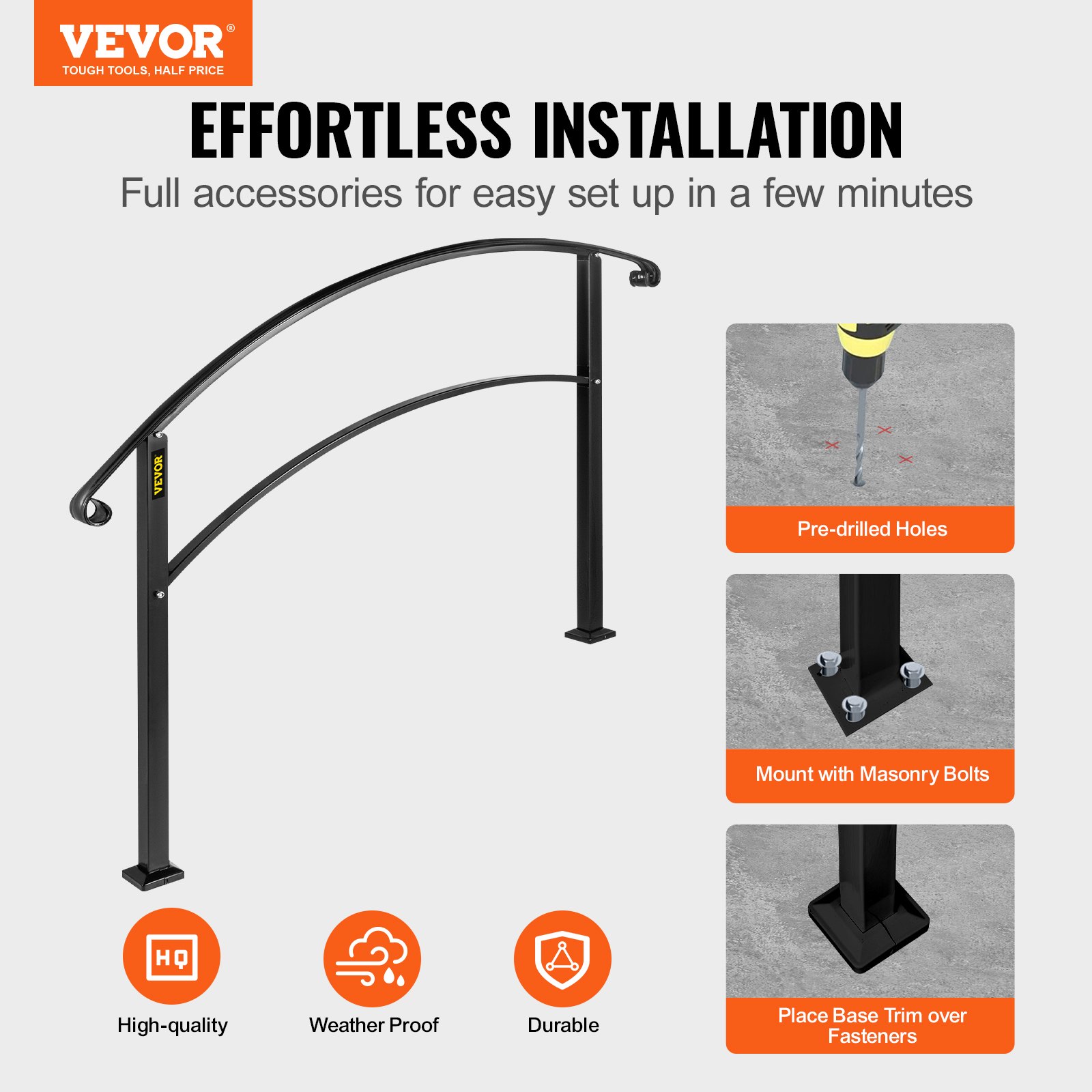 4-Step Handrail Fits 1 or 4 Steps Matte Black Stair Rail Wrought Iron Handrail with Installation Kit Hand Rails for Outdoor Steps - Image 2