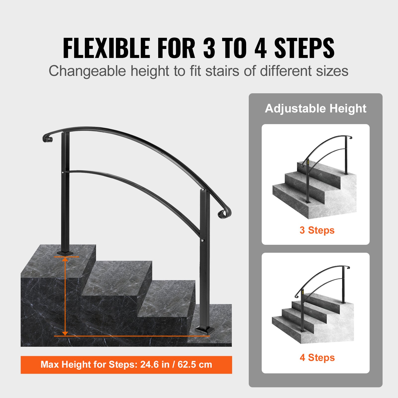 4-Step Handrail Fits 1 or 4 Steps Matte Black Stair Rail Wrought Iron Handrail with Installation Kit Hand Rails for Outdoor Steps - Image 4