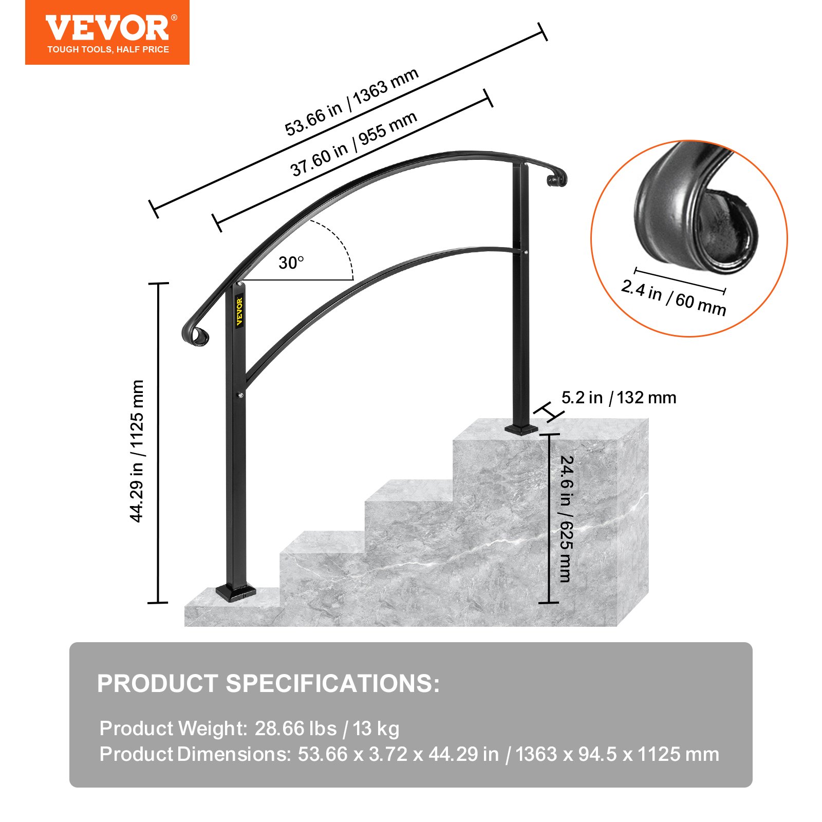 4-Step Handrail Fits 1 or 4 Steps Matte Black Stair Rail Wrought Iron Handrail with Installation Kit Hand Rails for Outdoor Steps - Image 7