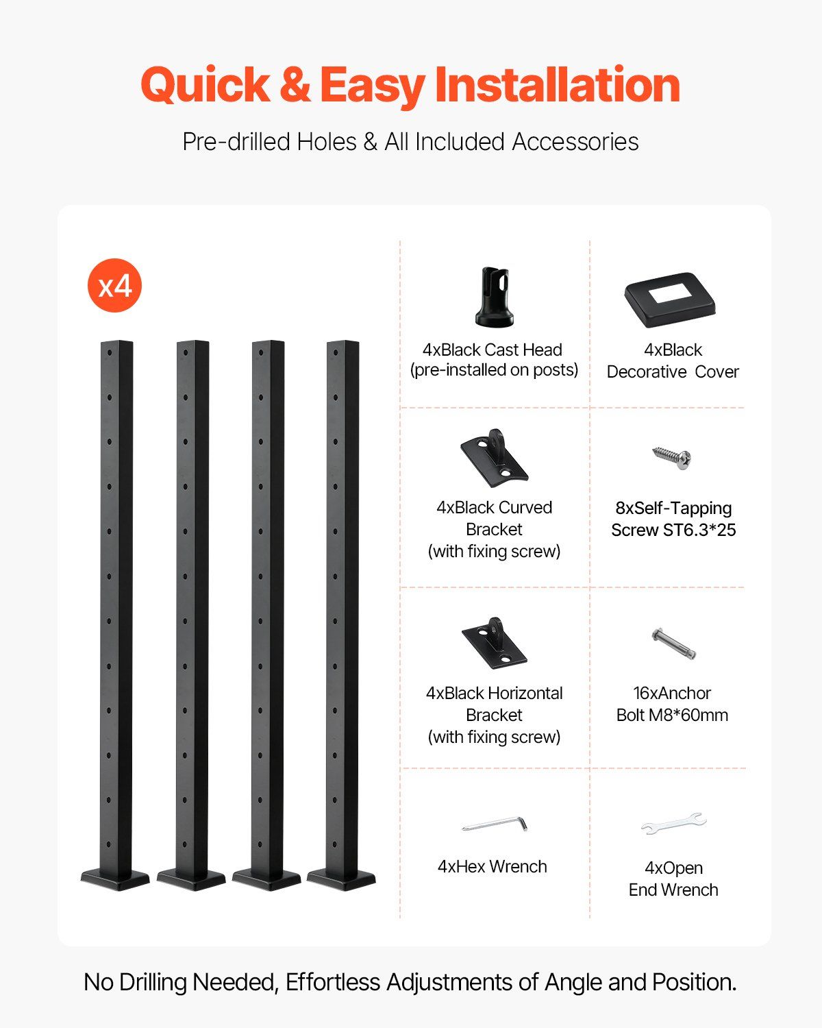 4-Pack Cable Railing Post, 1067x25x50 mm Horizontal-Hole Deck Railing Post with Pre-Drilled Holes, Stainless Steel Cable Rail Post with Horizontal and Curved Bracket, Black, 4JZLGZXHS106REP67001V0 - Image 6