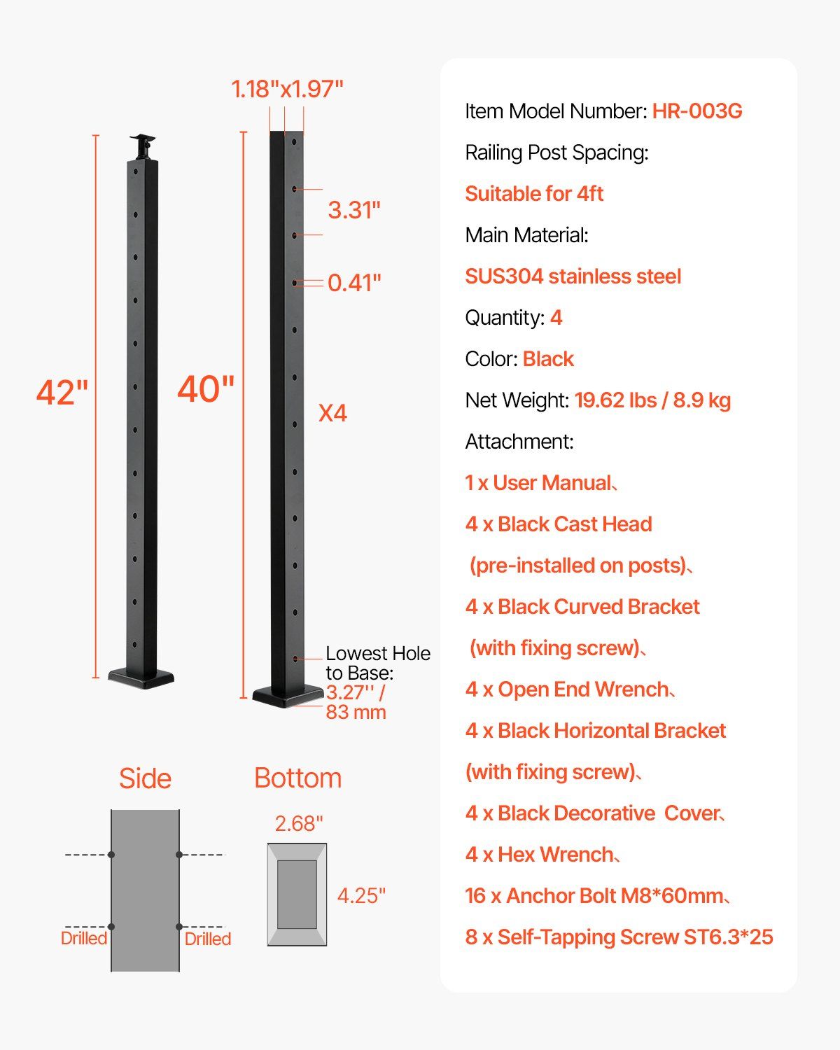 4-Pack Cable Railing Post, 1067x25x50 mm Horizontal-Hole Deck Railing Post with Pre-Drilled Holes, Stainless Steel Cable Rail Post with Horizontal and Curved Bracket, Black, 4JZLGZXHS106REP67001V0 - Image 7