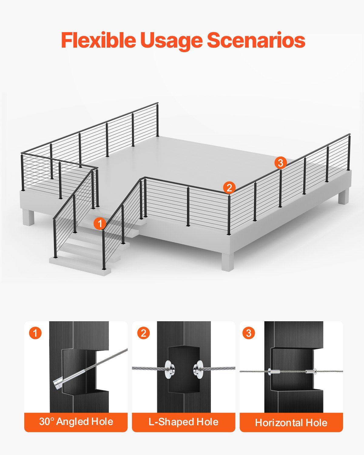 4-Pack Cable Railing Post, 914x25x50 mm Horizontal-Hole Deck Railing Post with Pre-Drilled Holes, Stainless Steel Cable Rail Post with Horizontal & Curved Bracket, Black, 4JZLGZXHS914UUOI6001V0 - Image 5