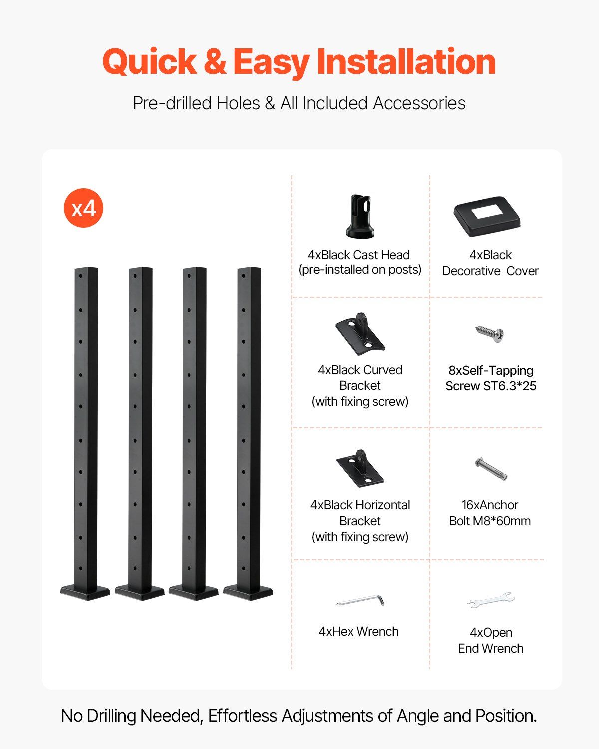 4-Pack Cable Railing Post, 914x25x50 mm Horizontal-Hole Deck Railing Post with Pre-Drilled Holes, Stainless Steel Cable Rail Post with Horizontal & Curved Bracket, Black, 4JZLGZXHS914UUOI6001V0 - Image 6