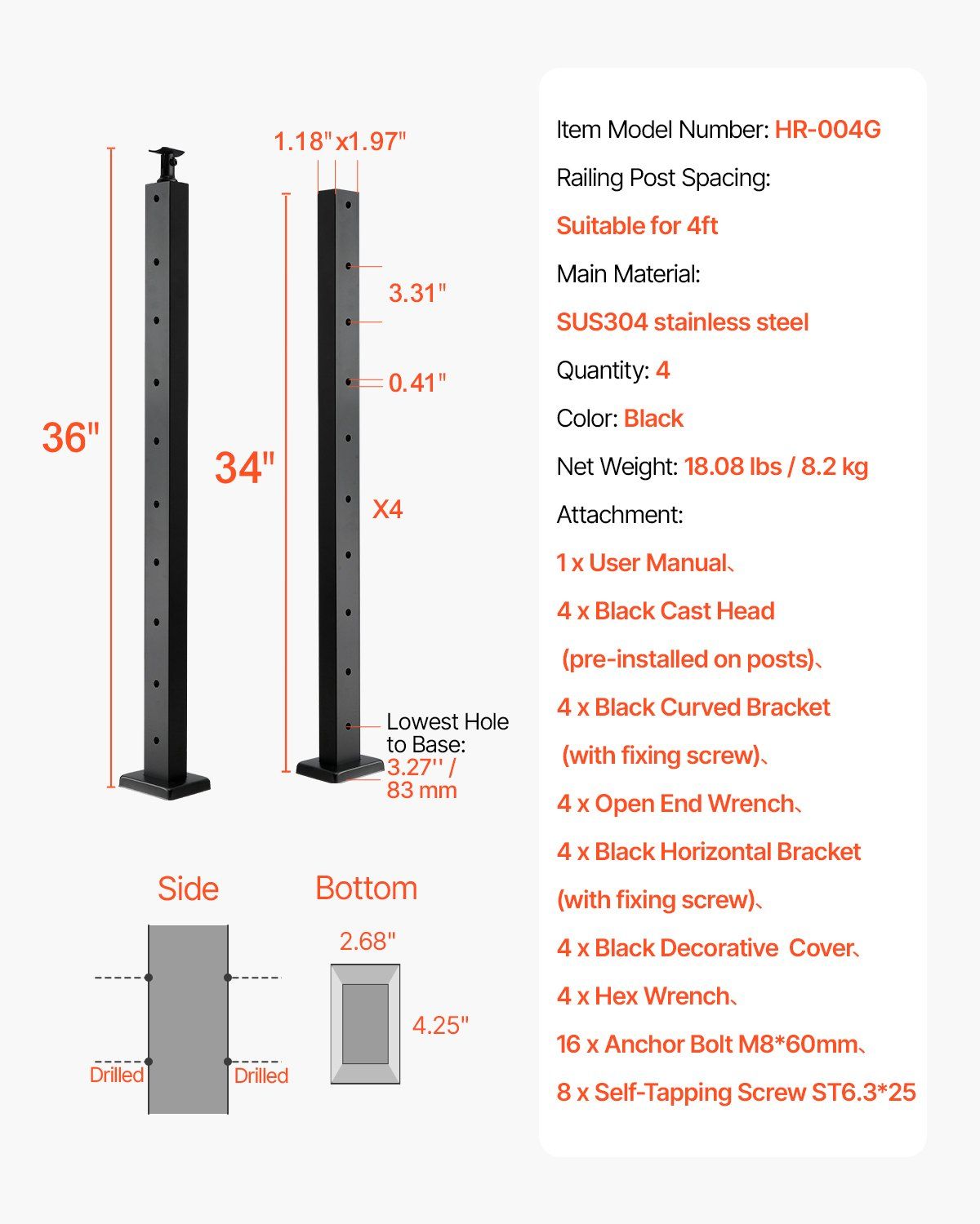 4-Pack Cable Railing Post, 914x25x50 mm Horizontal-Hole Deck Railing Post with Pre-Drilled Holes, Stainless Steel Cable Rail Post with Horizontal & Curved Bracket, Black, 4JZLGZXHS914UUOI6001V0 - Image 7