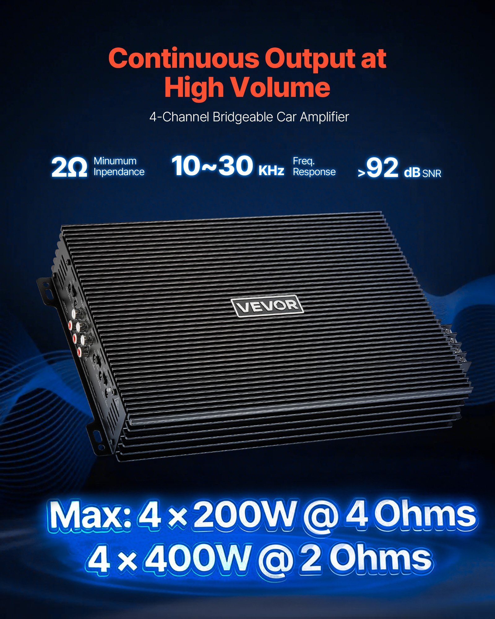 Car Audio Amplifier, 4-Channel Bridgeable Car Amplifier, Multichannel Class AB Stereo Amp, Max. 4 x 200W at 4 Ohms / 4 x 400W at 2 Ohms, High Output, for SUVs, Pickups, and Off-Road Vehicles - Image 2