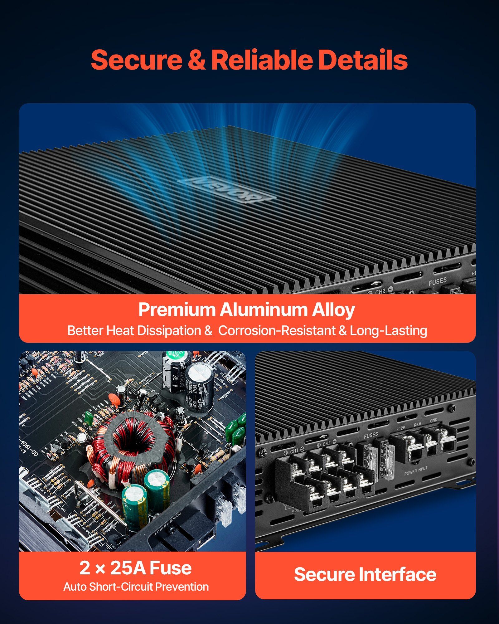 Car Audio Amplifier, 4-Channel Bridgeable Car Amplifier, Multichannel Class AB Stereo Amp, Max. 4 x 200W at 4 Ohms / 4 x 400W at 2 Ohms, High Output, for SUVs, Pickups, and Off-Road Vehicles - Image 5