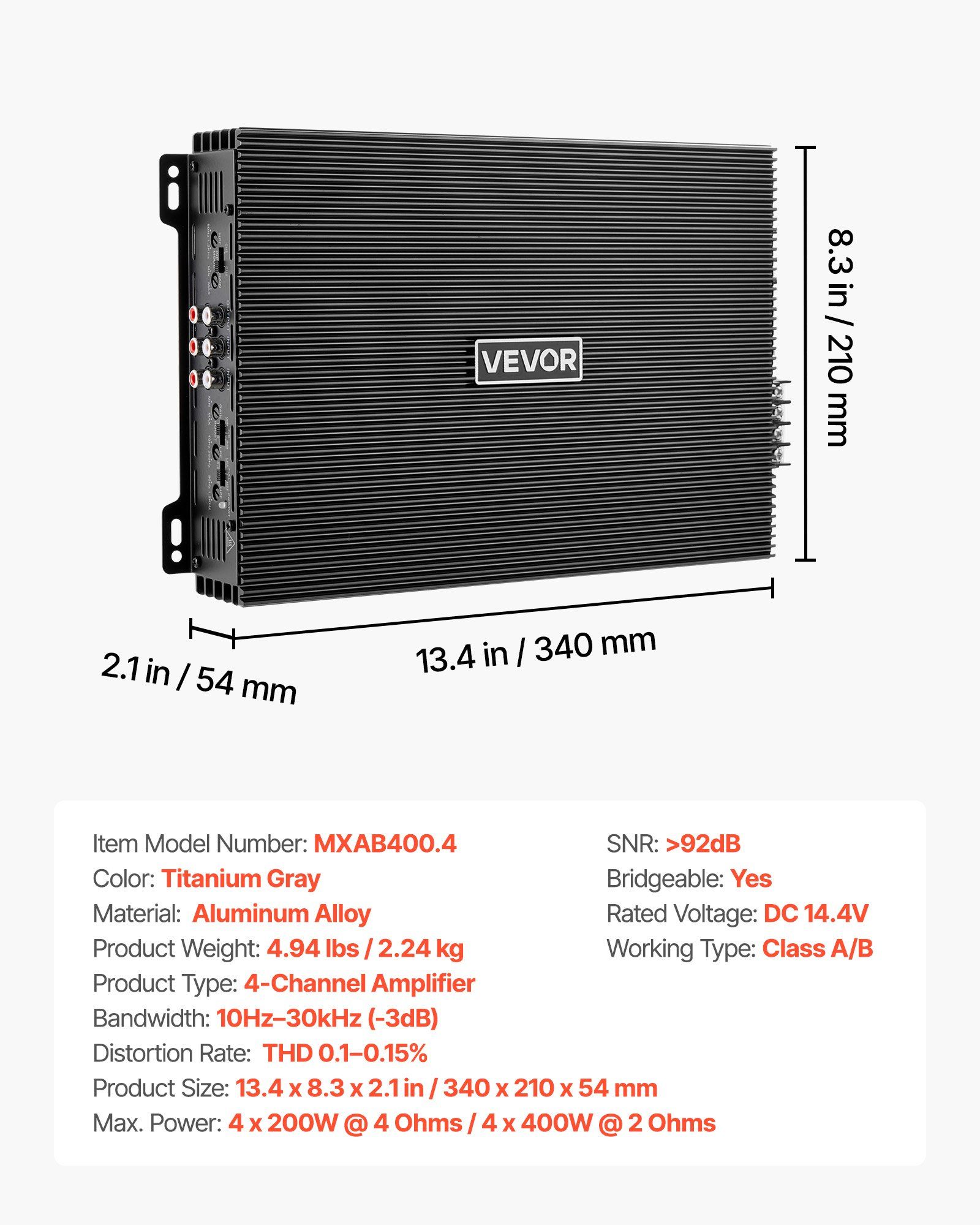 Car Audio Amplifier, 4-Channel Bridgeable Car Amplifier, Multichannel Class AB Stereo Amp, Max. 4 x 200W at 4 Ohms / 4 x 400W at 2 Ohms, High Output, for SUVs, Pickups, and Off-Road Vehicles - Image 7
