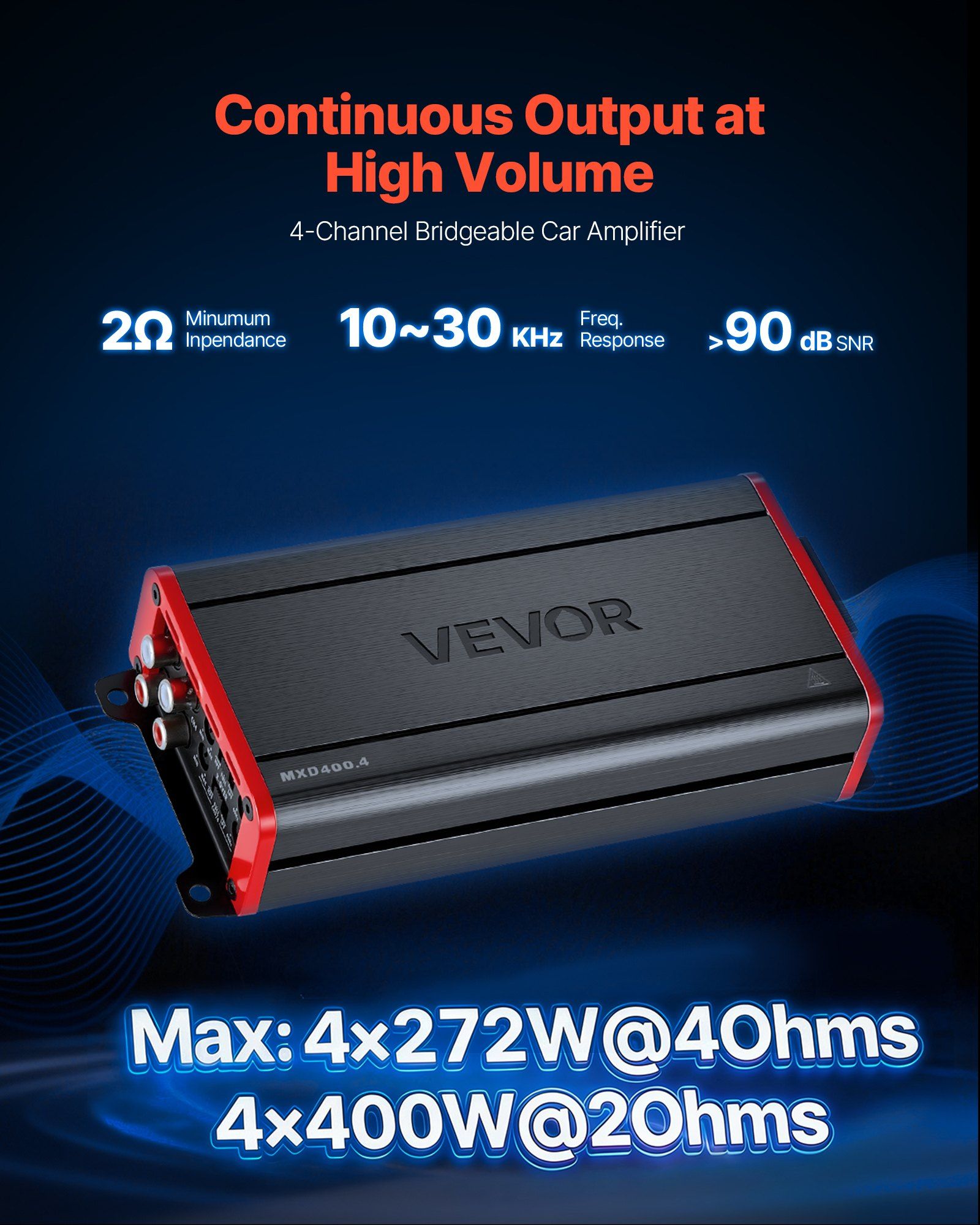 Car Audio Amplifier, 4-Channel Bridgeable Car Amplifier, Multichannel Class D Stereo Amp, Max. 4 x 272W at 4 Ohms / 4 x 400W at 2 Ohms, High Output, for SUVs, Pickups, and Off-Road Vehicles - Image 2