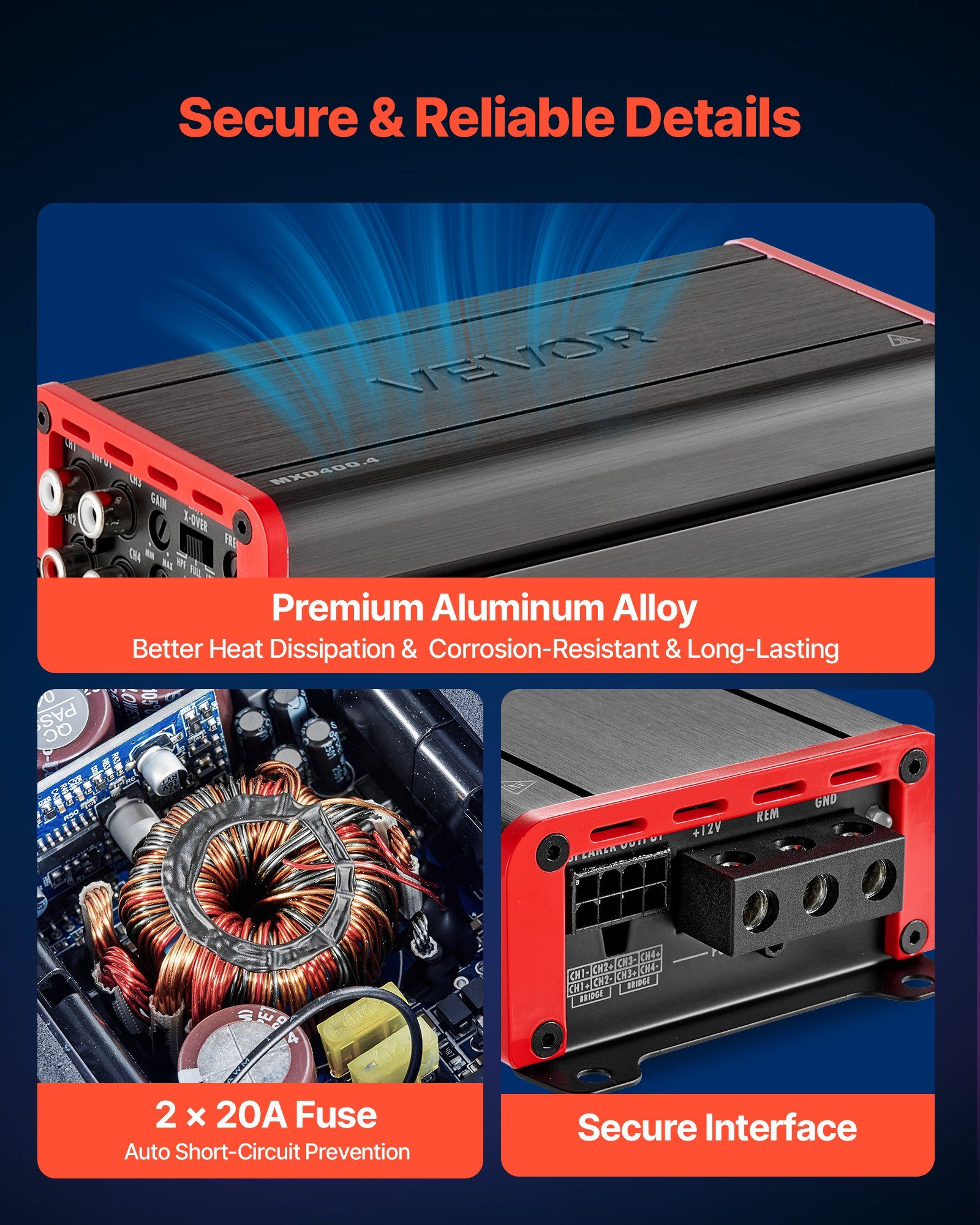Car Audio Amplifier, 4-Channel Bridgeable Car Amplifier, Multichannel Class D Stereo Amp, Max. 4 x 272W at 4 Ohms / 4 x 400W at 2 Ohms, High Output, for SUVs, Pickups, and Off-Road Vehicles - Image 5
