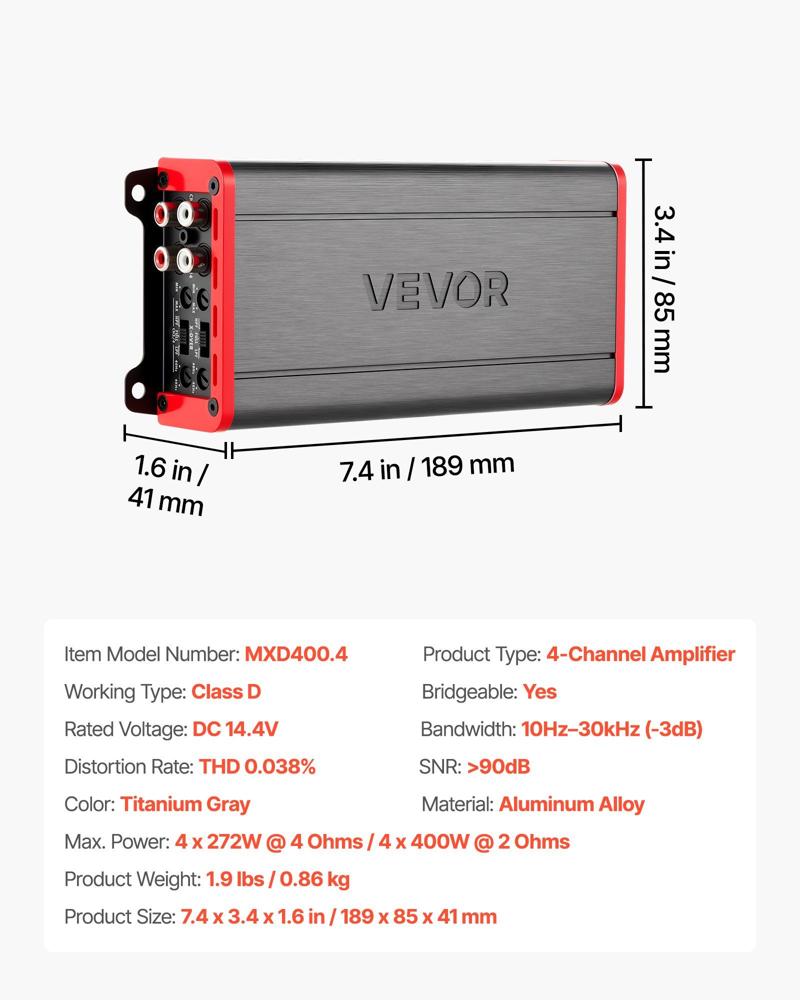 Car Audio Amplifier, 4-Channel Bridgeable Car Amplifier, Multichannel Class D Stereo Amp, Max. 4 x 272W at 4 Ohms / 4 x 400W at 2 Ohms, High Output, for SUVs, Pickups, and Off-Road Vehicles - Image 7