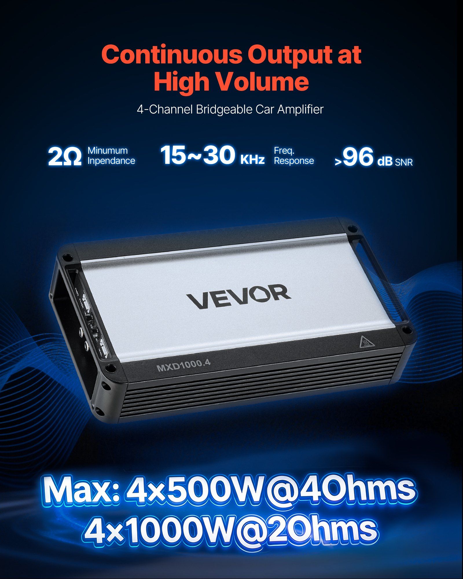 Car Audio Amplifier, 4-Channel Bridgeable Car Amplifier, Multichannel Class D Stereo Amp, Max. 4 x 500W at 4 Ohms / 4 x 1000W at 2 Ohms, High Output, for SUVs, Pickups, and Off-Road Vehicles - Image 2