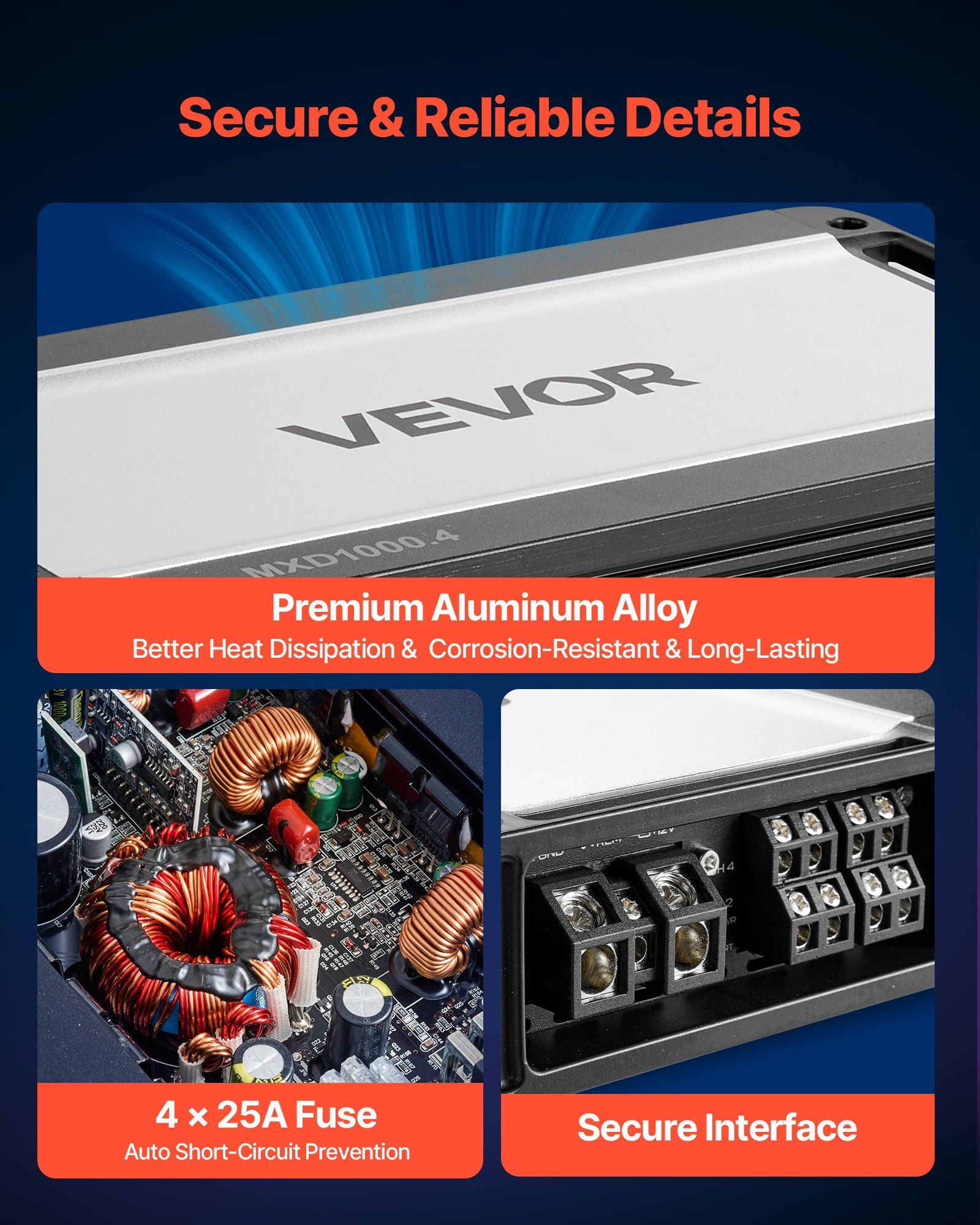 Car Audio Amplifier, 4-Channel Bridgeable Car Amplifier, Multichannel Class D Stereo Amp, Max. 4 x 500W at 4 Ohms / 4 x 1000W at 2 Ohms, High Output, for SUVs, Pickups, and Off-Road Vehicles - Image 5