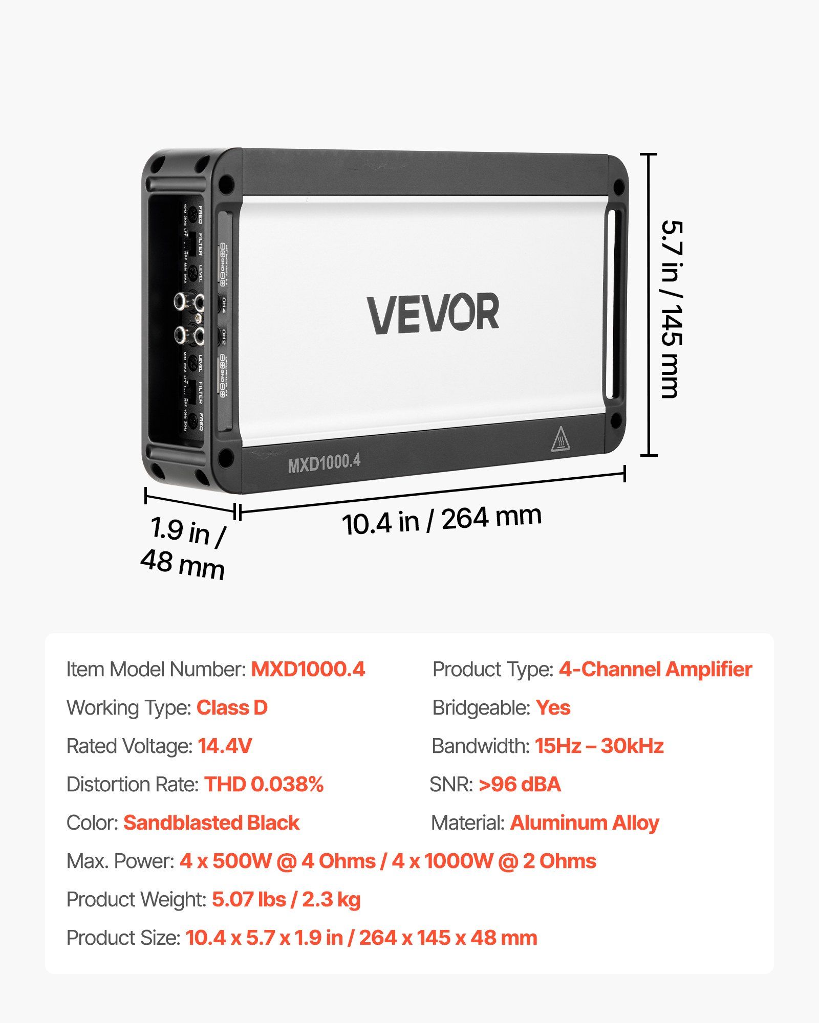 Car Audio Amplifier, 4-Channel Bridgeable Car Amplifier, Multichannel Class D Stereo Amp, Max. 4 x 500W at 4 Ohms / 4 x 1000W at 2 Ohms, High Output, for SUVs, Pickups, and Off-Road Vehicles - Image 7