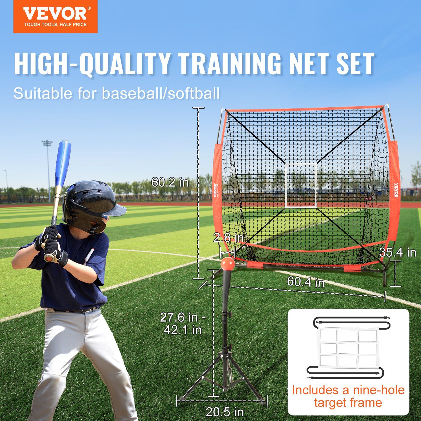 5x5 Baseball Softball Practice Net, Portable Baseball Training Net for Hitting Batting Catching Pitching, Backstop Baseball Equipment with Bow Frame, Carry Bag, Strike Zone, Ball, Batting Tee - Image 2