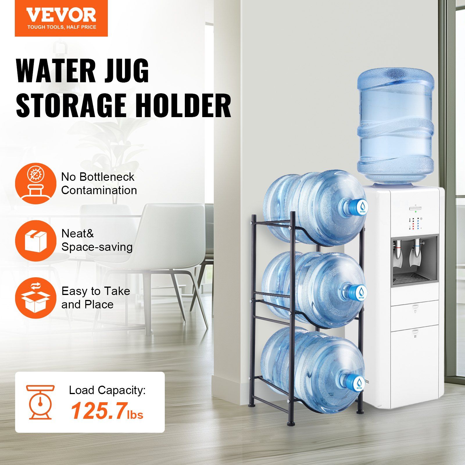 3 Tiers Water Jug Holder, 5 Gallon Water Bottle Holder, Single Row Water Bottle Rack for 3 Bottles, Heavy Duty Water Jug Rack for Kitchen, Office, Living Room, Black - Image 2