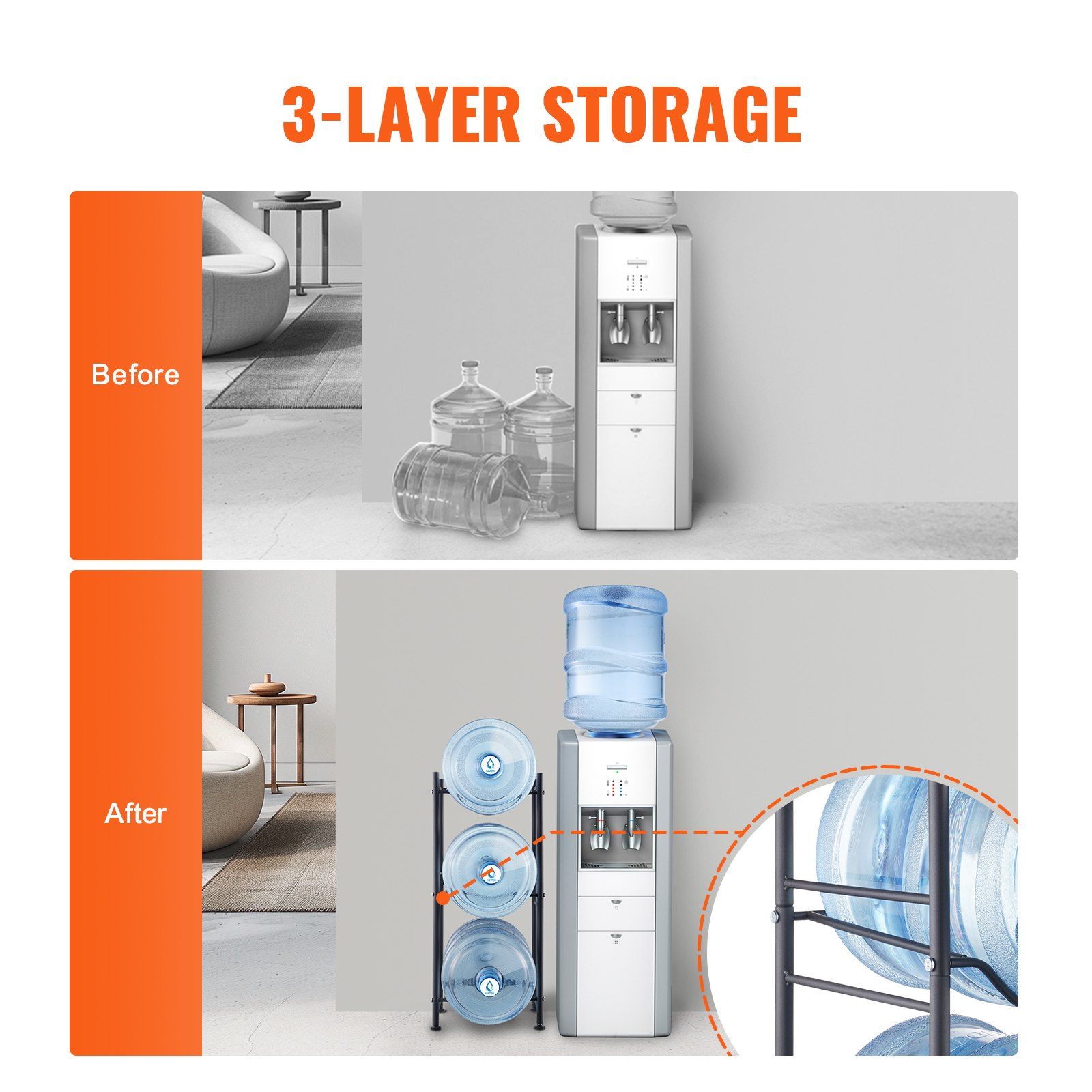 3 Tiers Water Jug Holder, 5 Gallon Water Bottle Holder, Single Row Water Bottle Rack for 3 Bottles, Heavy Duty Water Jug Rack for Kitchen, Office, Living Room, Black - Image 3