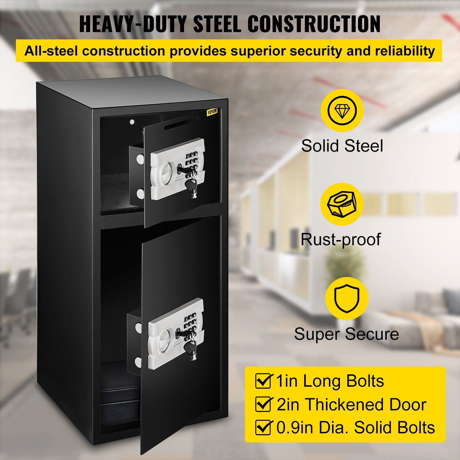 Large Double Door Security Safe Box 2.6 Cubic Feet Steel Safe Box Strong Box with Digital Lock for Money Gun Jewelry Black - Image 3