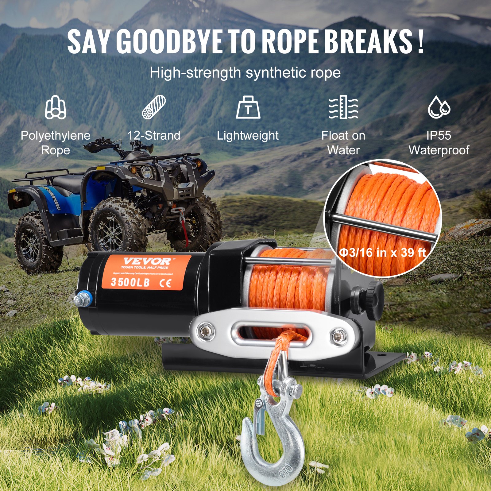 Electric Winch, 1588 kg Line Pull Capacity, 12V DC ATV Winch with Φ0.5 x 1188.7 cm 12 Strands Synthetic Rope Aluminum Fairlead Wired Remote Control, IP55 Waterproof for Towing ATV Boat - Image 4