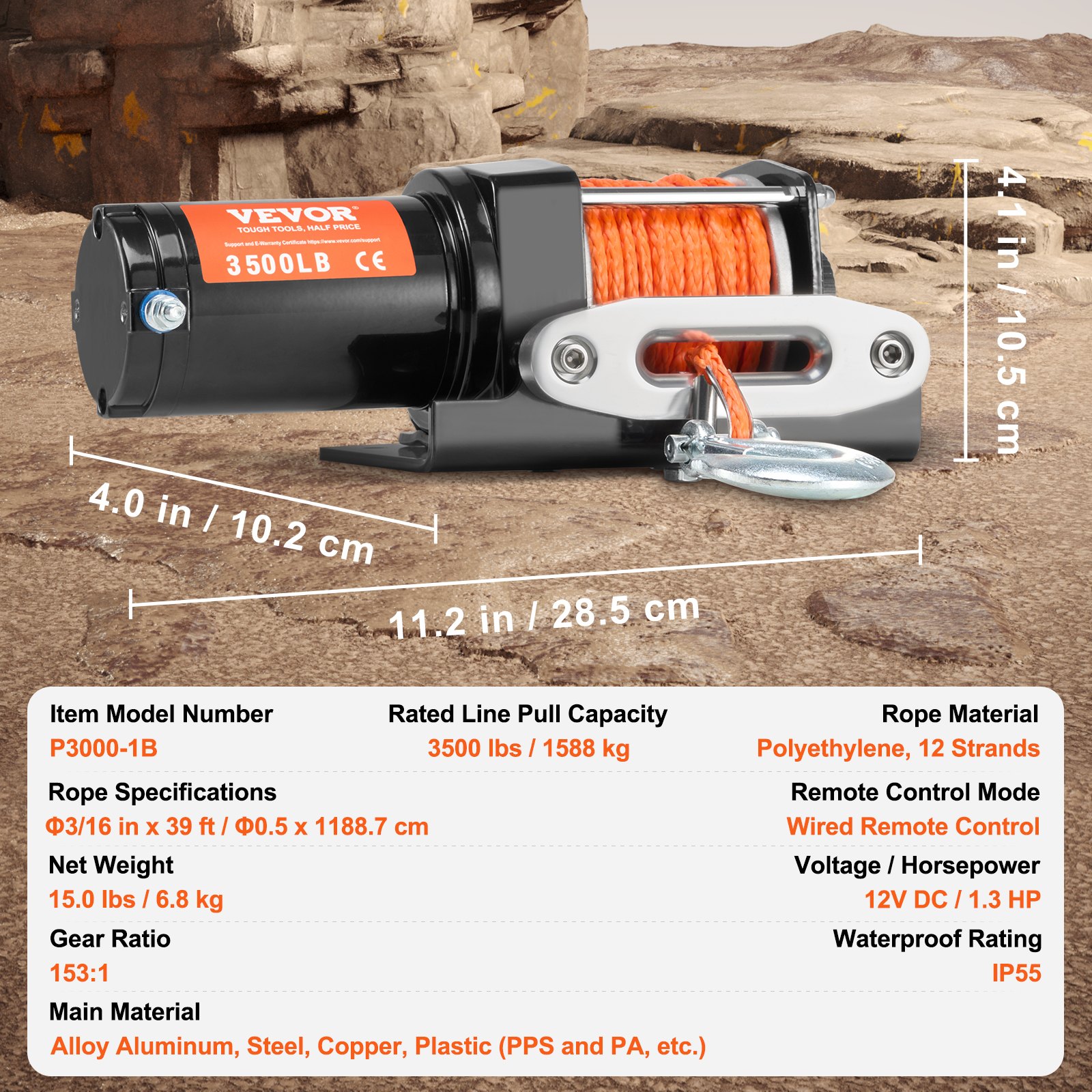 Electric Winch, 1588 kg Line Pull Capacity, 12V DC ATV Winch with Φ0.5 x 1188.7 cm 12 Strands Synthetic Rope Aluminum Fairlead Wired Remote Control, IP55 Waterproof for Towing ATV Boat - Image 7