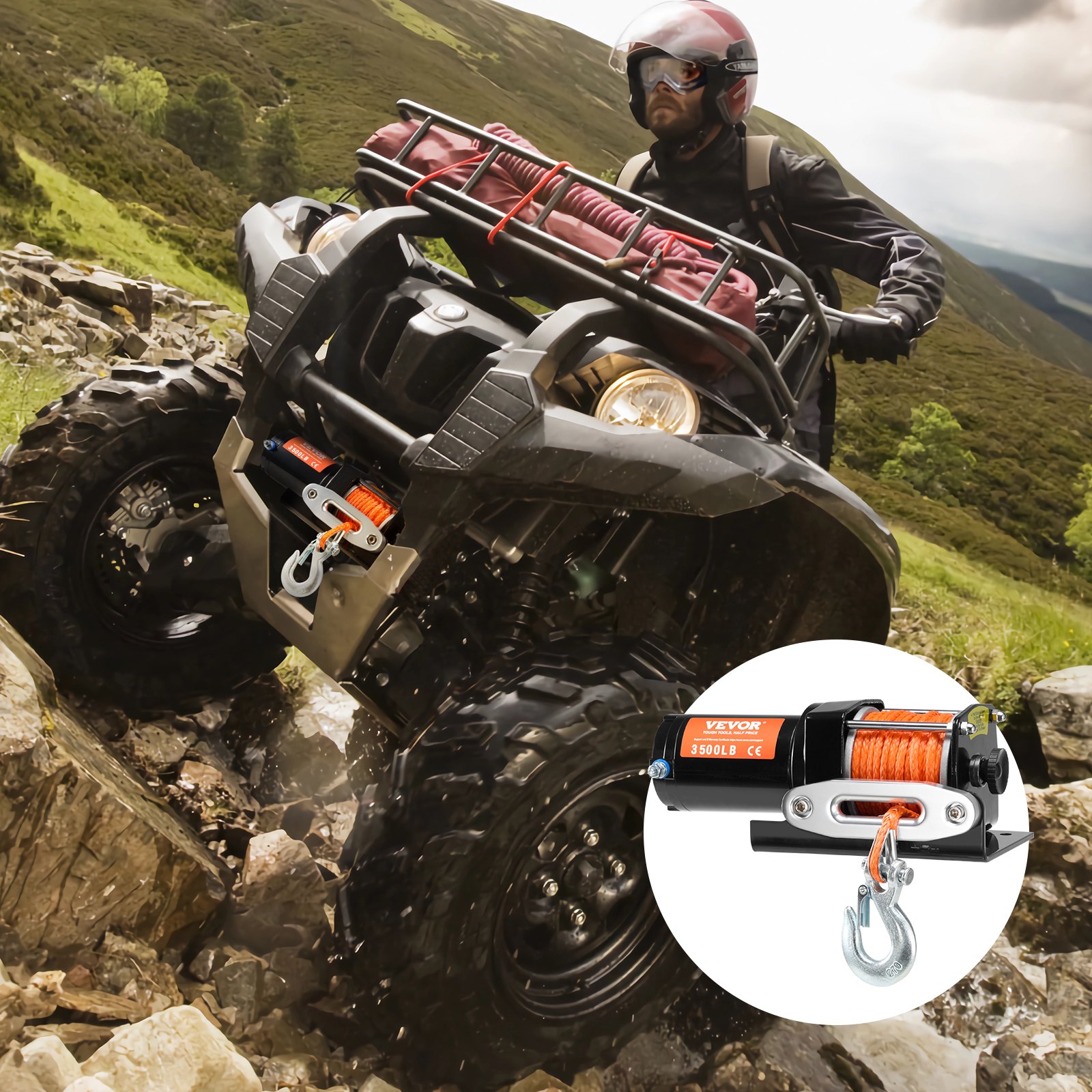 Electric Winch, 1588 kg Line Pull Capacity, 12V DC ATV Winch with Φ0.5 x 1188.7 cm 12 Strands Synthetic Rope Aluminum Fairlead Wired Remote Control, IP55 Waterproof for Towing ATV Boat - Image 8