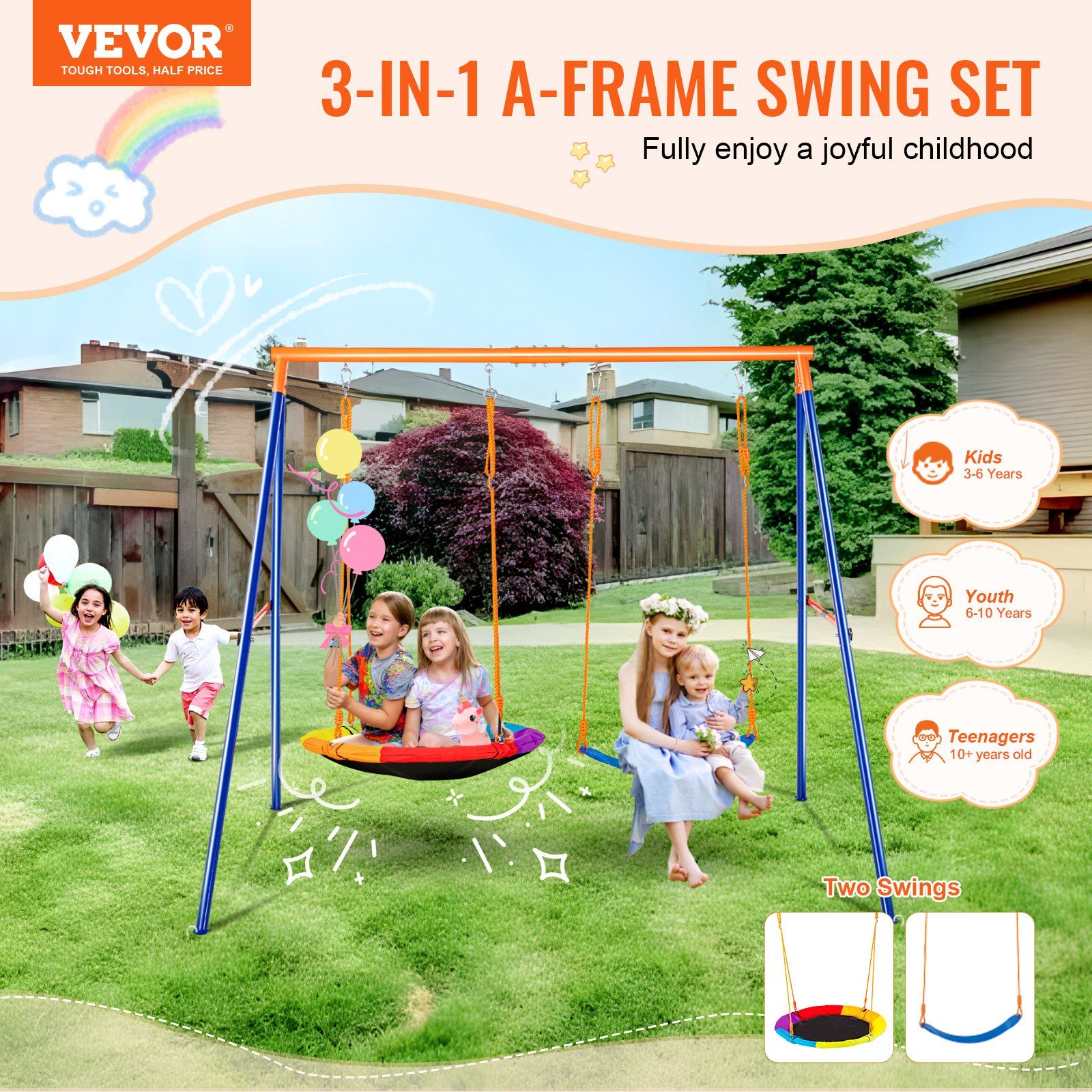 Swing Sets for Backyard, 440lbs Load Capacity Swing Set, with 1 Saucer Swing Seat, 1 Belt Swing Seat, Heavy Duty A-Frame Metal Swing Stand and Adjustable Rope, Swingset Outdoor for Kids - Image 2