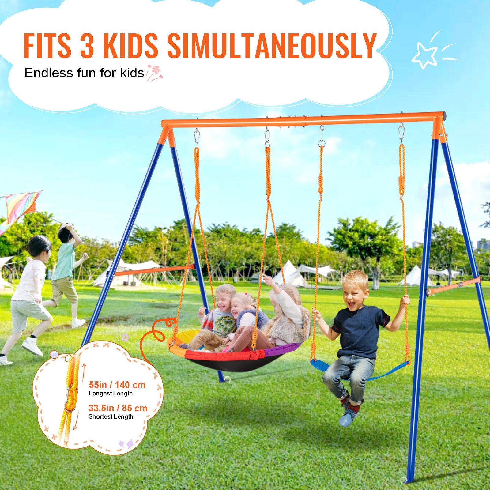 Swing Sets for Backyard, 440lbs Load Capacity Swing Set, with 1 Saucer Swing Seat, 1 Belt Swing Seat, Heavy Duty A-Frame Metal Swing Stand and Adjustable Rope, Swingset Outdoor for Kids - Image 4