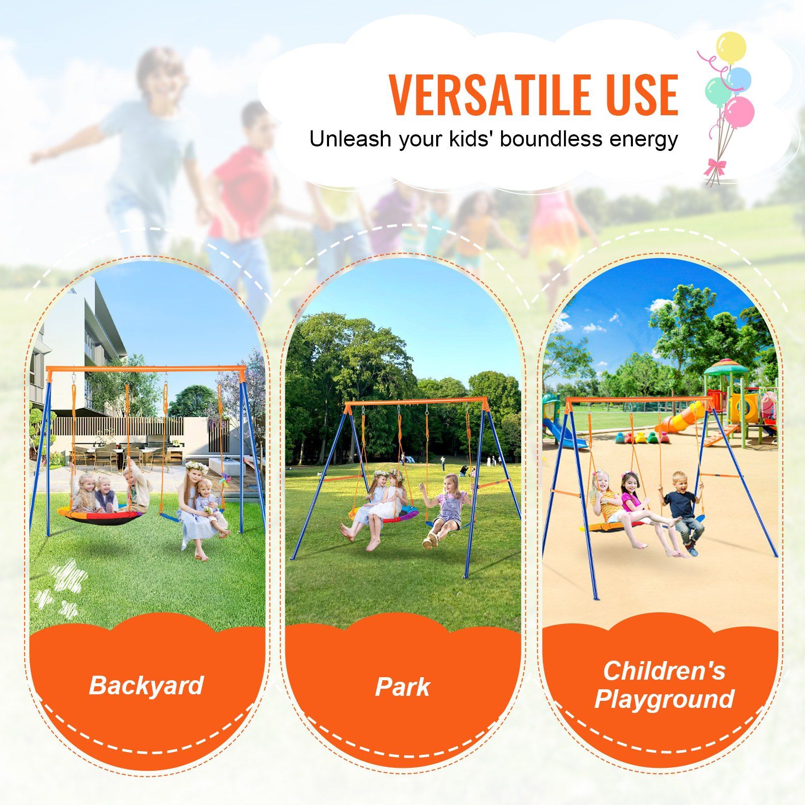 Swing Sets for Backyard, 440lbs Load Capacity Swing Set, with 1 Saucer Swing Seat, 1 Belt Swing Seat, Heavy Duty A-Frame Metal Swing Stand and Adjustable Rope, Swingset Outdoor for Kids - Image 6