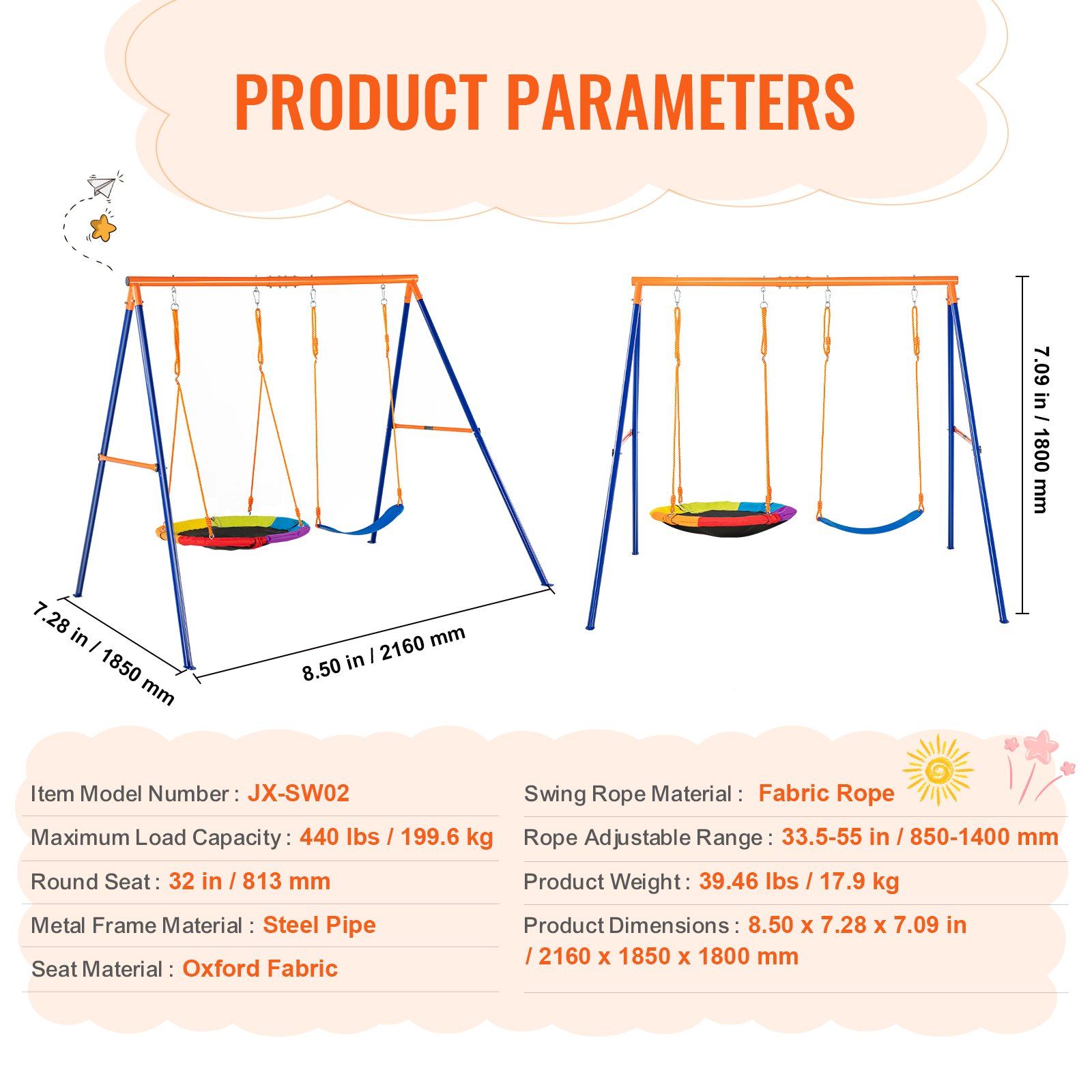 Swing Sets for Backyard, 440lbs Load Capacity Swing Set, with 1 Saucer Swing Seat, 1 Belt Swing Seat, Heavy Duty A-Frame Metal Swing Stand and Adjustable Rope, Swingset Outdoor for Kids - Image 7
