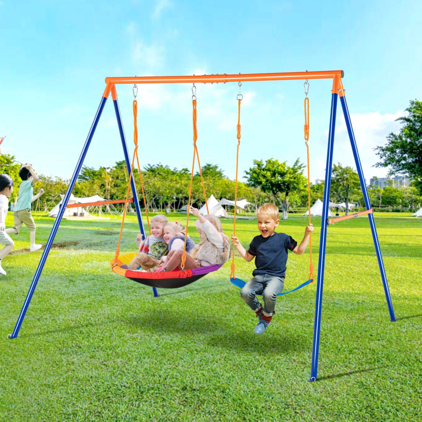 Swing Sets for Backyard, 440lbs Load Capacity Swing Set, with 1 Saucer Swing Seat, 1 Belt Swing Seat, Heavy Duty A-Frame Metal Swing Stand and Adjustable Rope, Swingset Outdoor for Kids - Image 8
