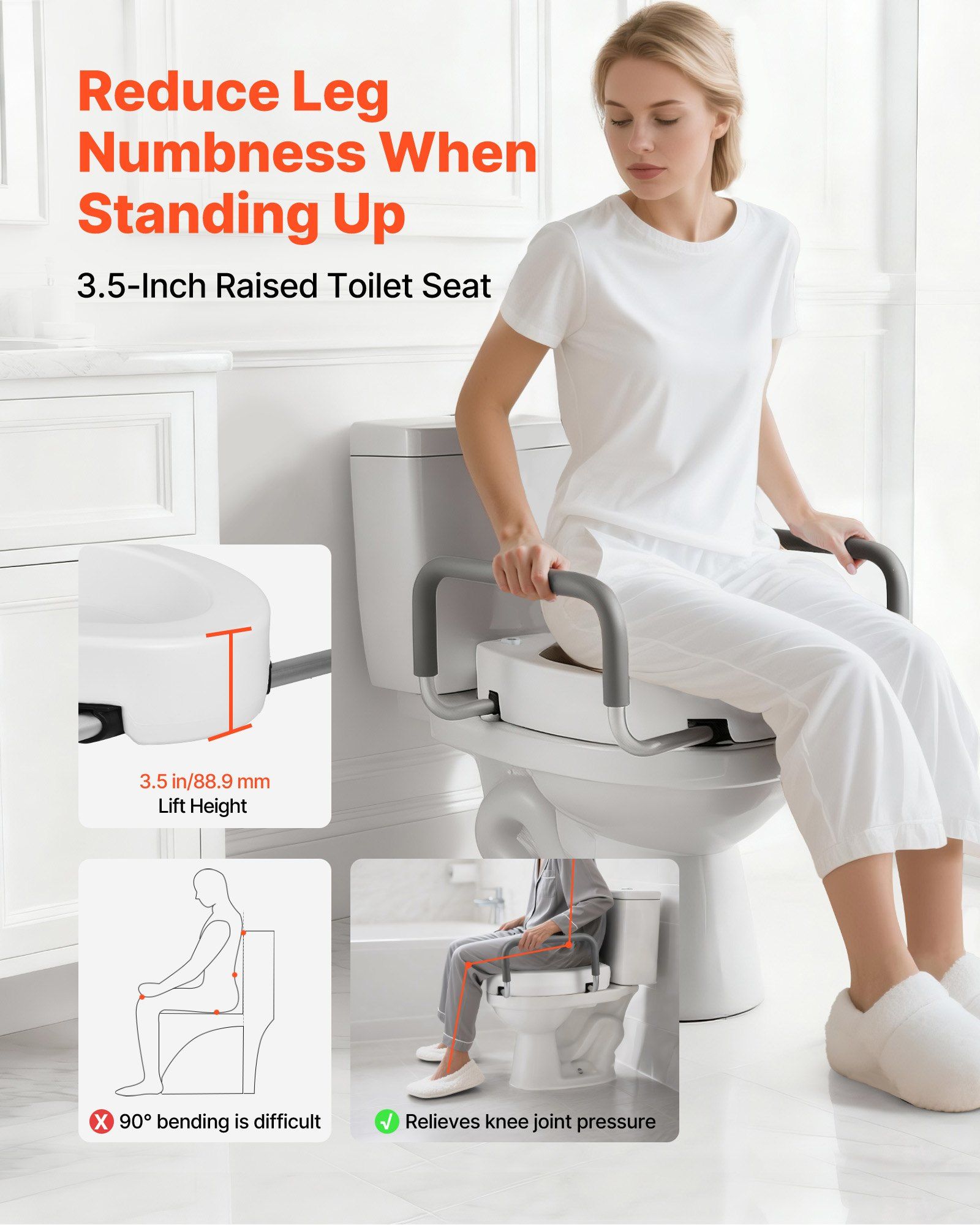 Raised Toilet Seat with Arms, 136.1 kg Load Capacity, 88.9 mm Lift Height, Widened Commode Elevated Toilet Seat Riser with Padded Handles for Seniors, Elderly, Handicap, Disabled, and Adults - Image 2