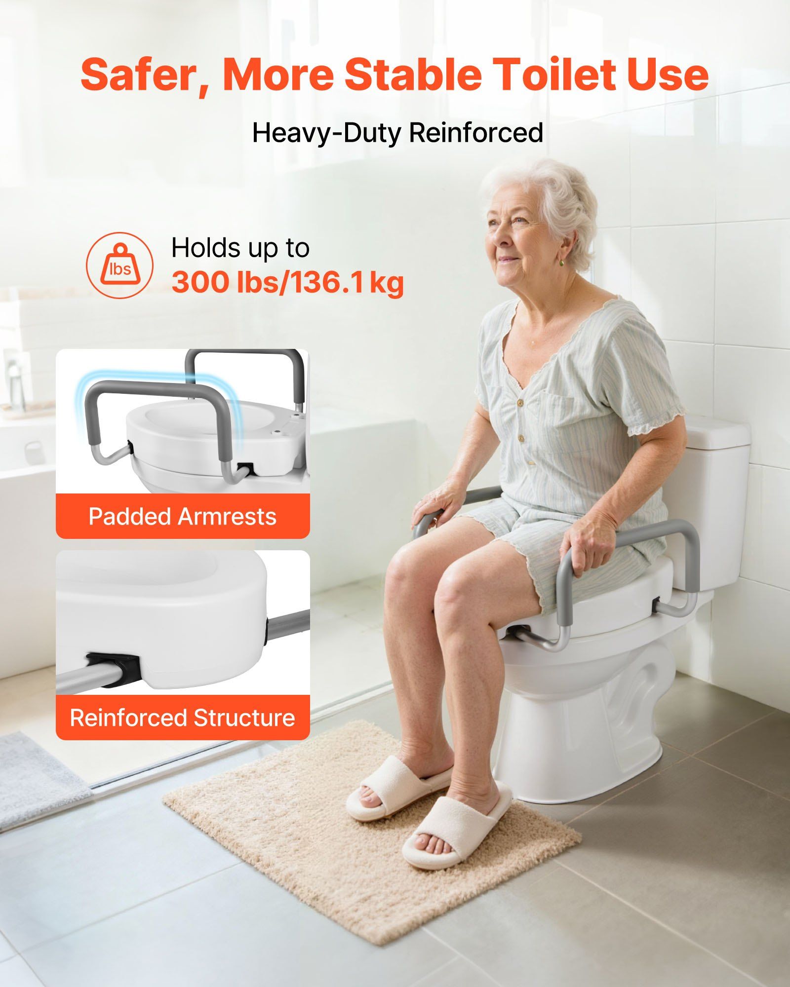 Raised Toilet Seat with Arms, 136.1 kg Load Capacity, 88.9 mm Lift Height, Widened Commode Elevated Toilet Seat Riser with Padded Handles for Seniors, Elderly, Handicap, Disabled, and Adults - Image 4