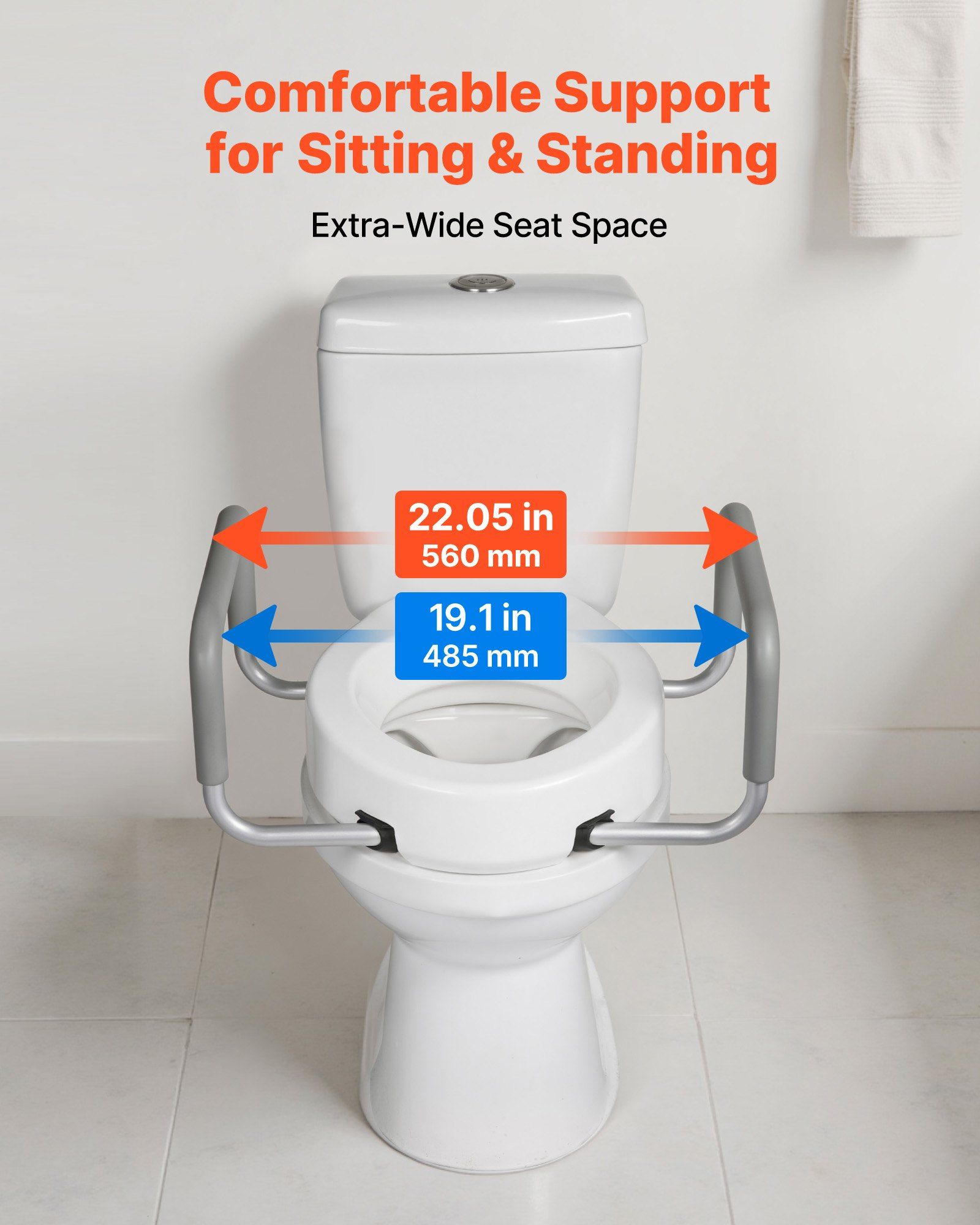 Raised Toilet Seat with Arms, 136.1 kg Load Capacity, 88.9 mm Lift Height, Widened Commode Elevated Toilet Seat Riser with Padded Handles for Seniors, Elderly, Handicap, Disabled, and Adults - Image 5