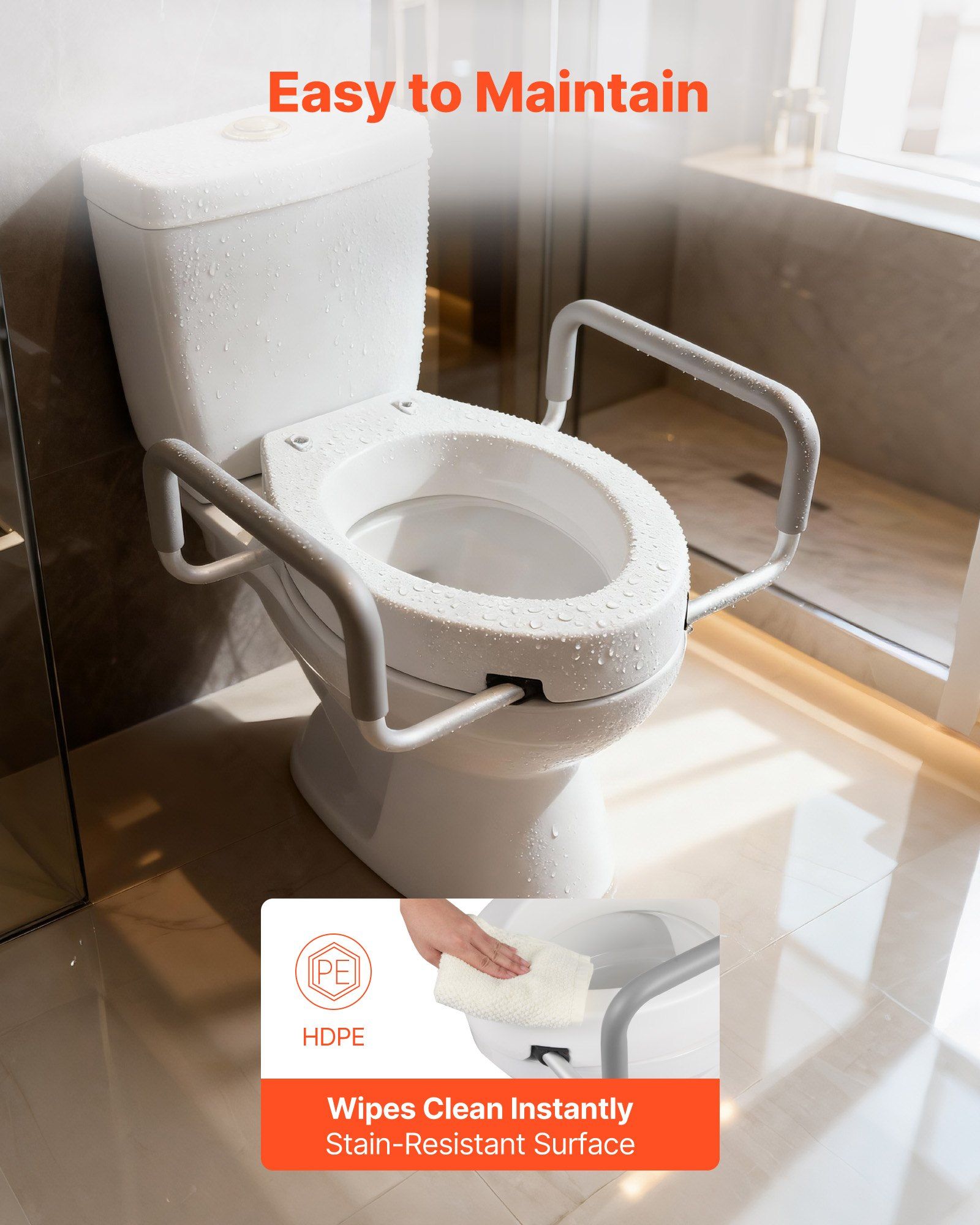 Raised Toilet Seat with Arms, 136.1 kg Load Capacity, 88.9 mm Lift Height, Widened Commode Elevated Toilet Seat Riser with Padded Handles for Seniors, Elderly, Handicap, Disabled, and Adults - Image 6