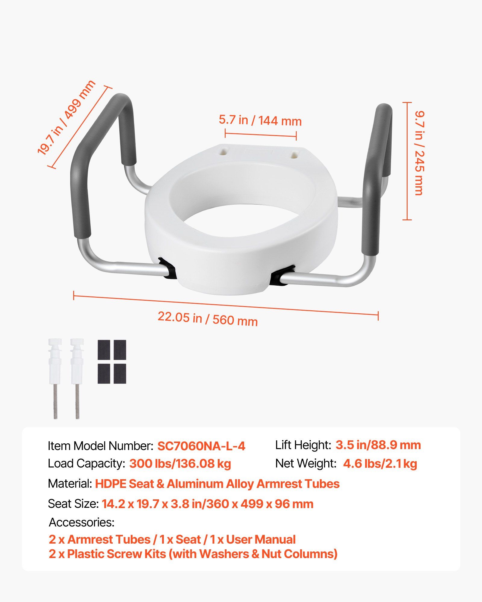 Raised Toilet Seat with Arms, 136.1 kg Load Capacity, 88.9 mm Lift Height, Widened Commode Elevated Toilet Seat Riser with Padded Handles for Seniors, Elderly, Handicap, Disabled, and Adults - Image 7