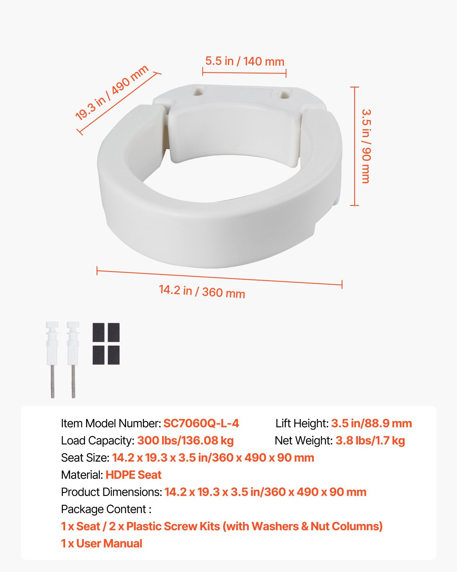 Raised Toilet Seat, 136.1 kg Load Capacity, 88.9 mm Lift Height, Commode Elevated Toilet Seat Riser with Enlarged Opening for Seniors, Elderly, Handicap, Disabled, Adults, Fits Elongated Bowl - Image 7