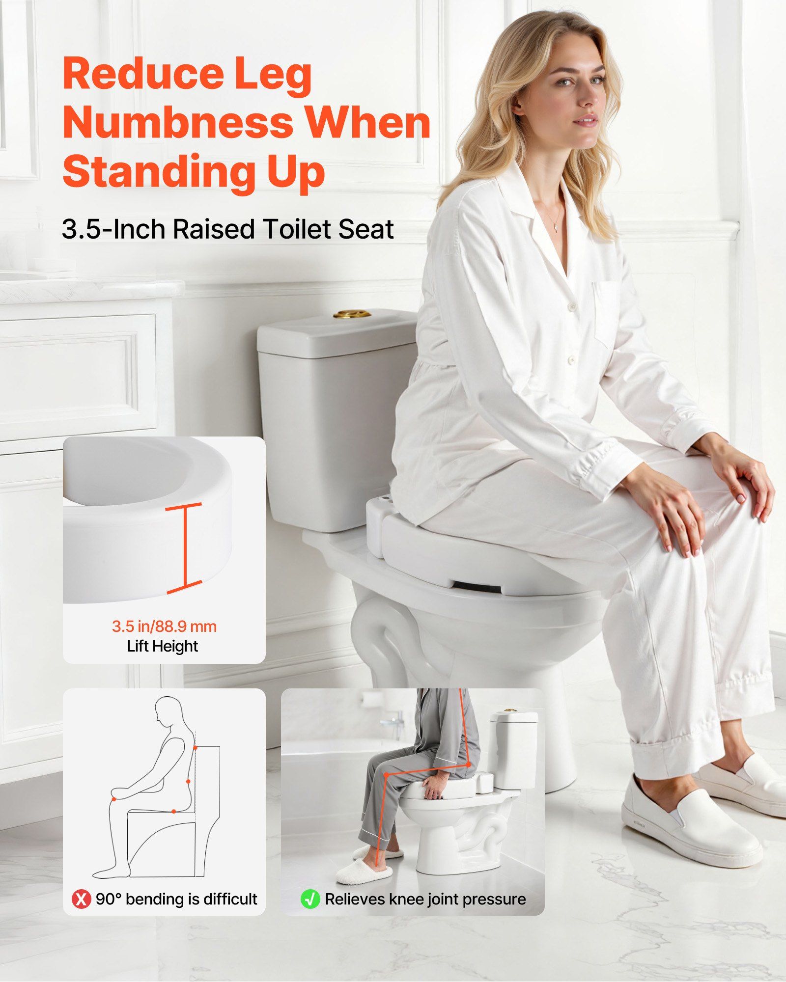 Raised Toilet Seat, 136.1 kg Load Capacity, 88.9 mm Lift Height, Commode Elevated Toilet Seat Riser with Enlarged Opening for Seniors, Elderly, Handicap, Disabled, and Adults, Fits Round Bowl - Image 2