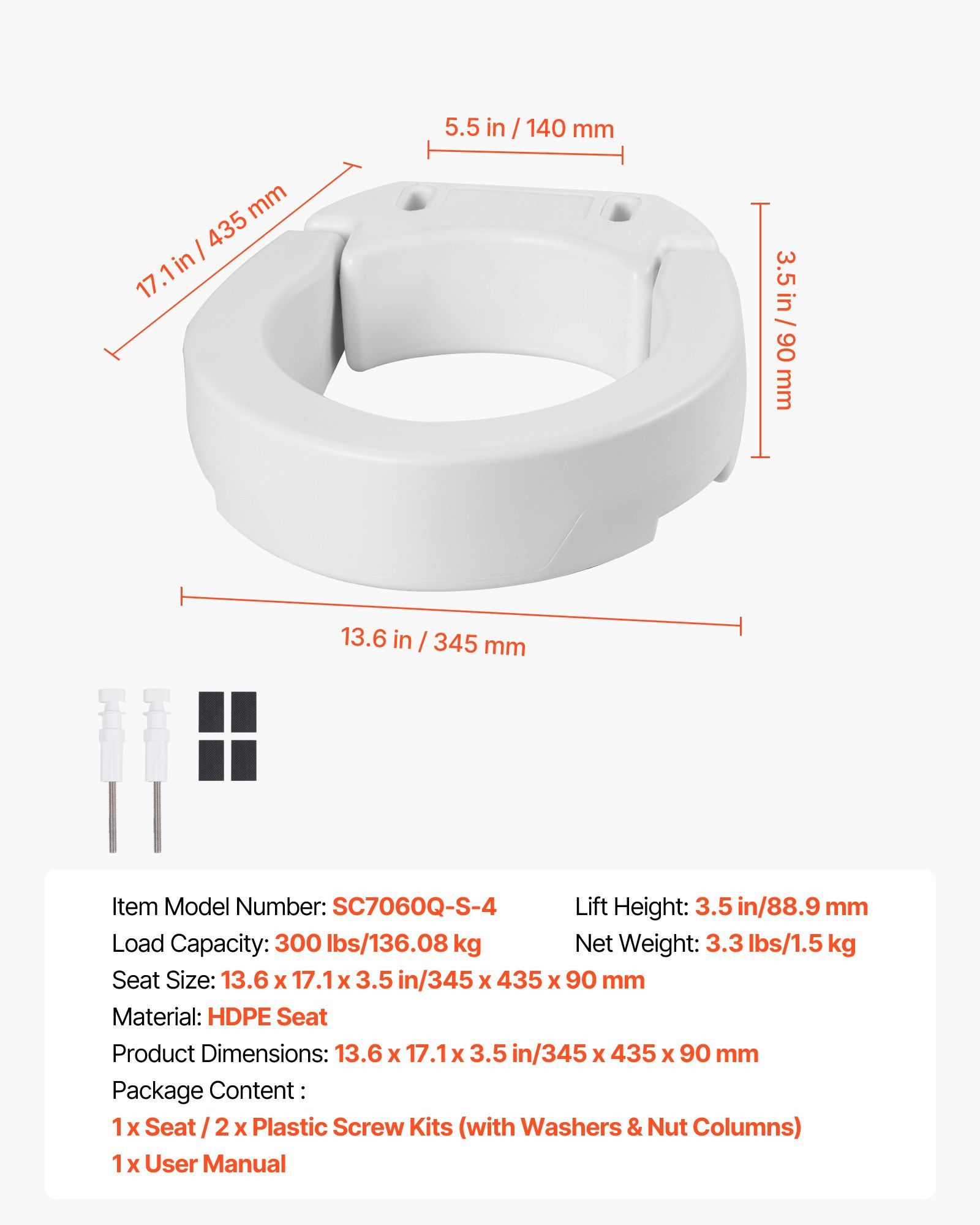 Raised Toilet Seat, 136.1 kg Load Capacity, 88.9 mm Lift Height, Commode Elevated Toilet Seat Riser with Enlarged Opening for Seniors, Elderly, Handicap, Disabled, and Adults, Fits Round Bowl - Image 7