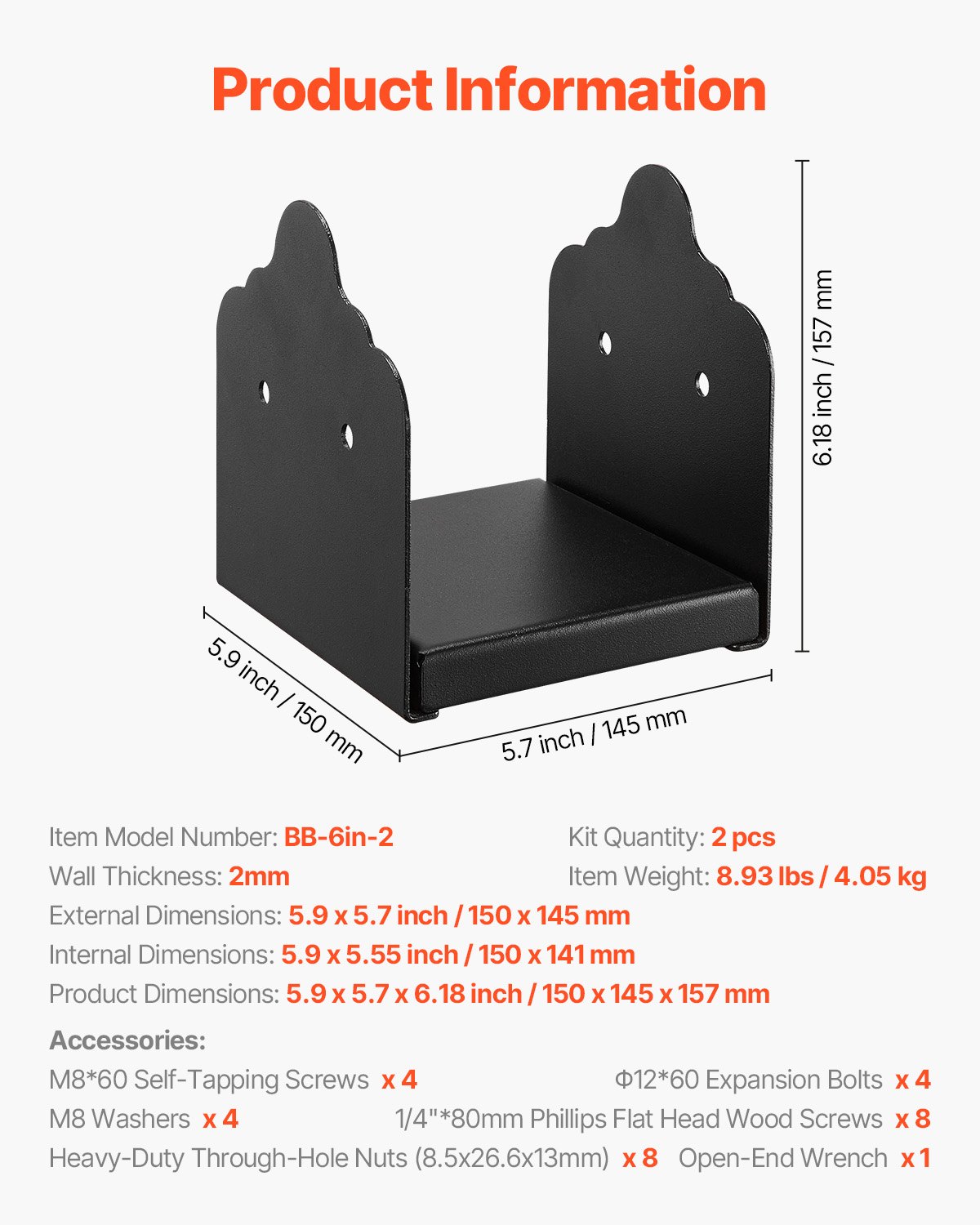 6x6 Post Base 2 Pcs, Inner Size 5.9x5.55 inch / 150x141 mm Post Brackets, Heavy Duty Carbon Steel Decking Posts, Wood Posts Brackets for Pavilion Deck Railing Support Deck Base Plate, Black - Image 7