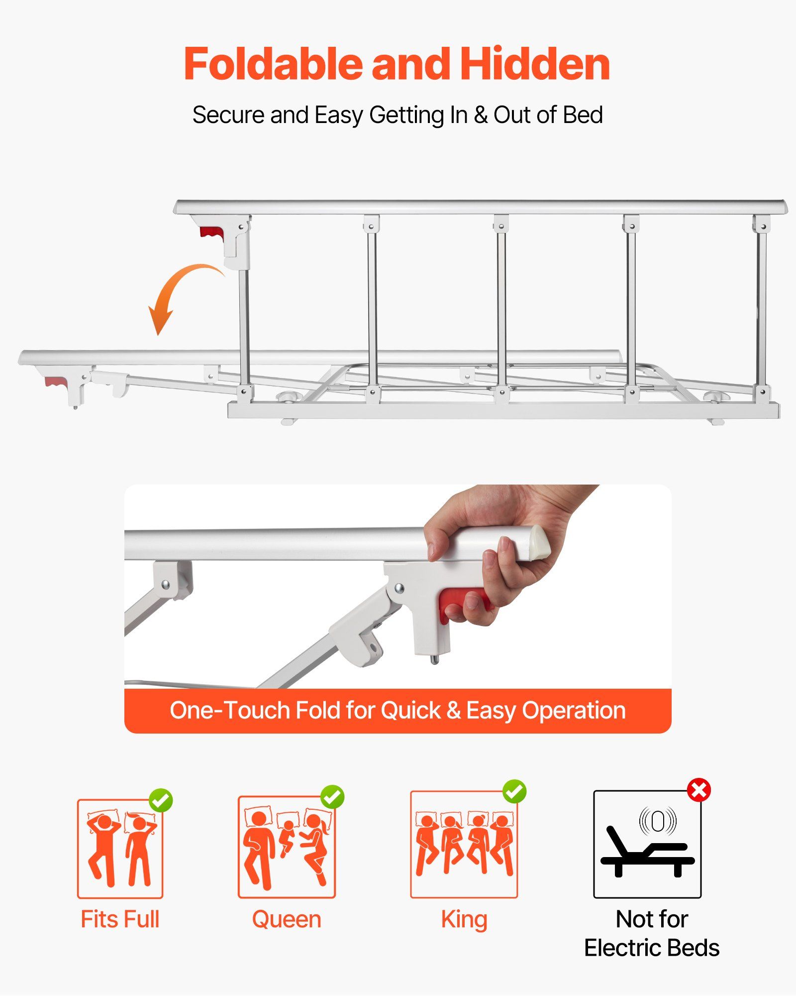Foldable Bed Rail for Elderly, 122 cm Bedside Assist Rail with Fixing Strap, Adjustable Height Pipe Bedside Cane, High-Strength Metal Senior Bed Bar, Hand Guard Grab Fits King, Queen, Full, Twin - Image 2