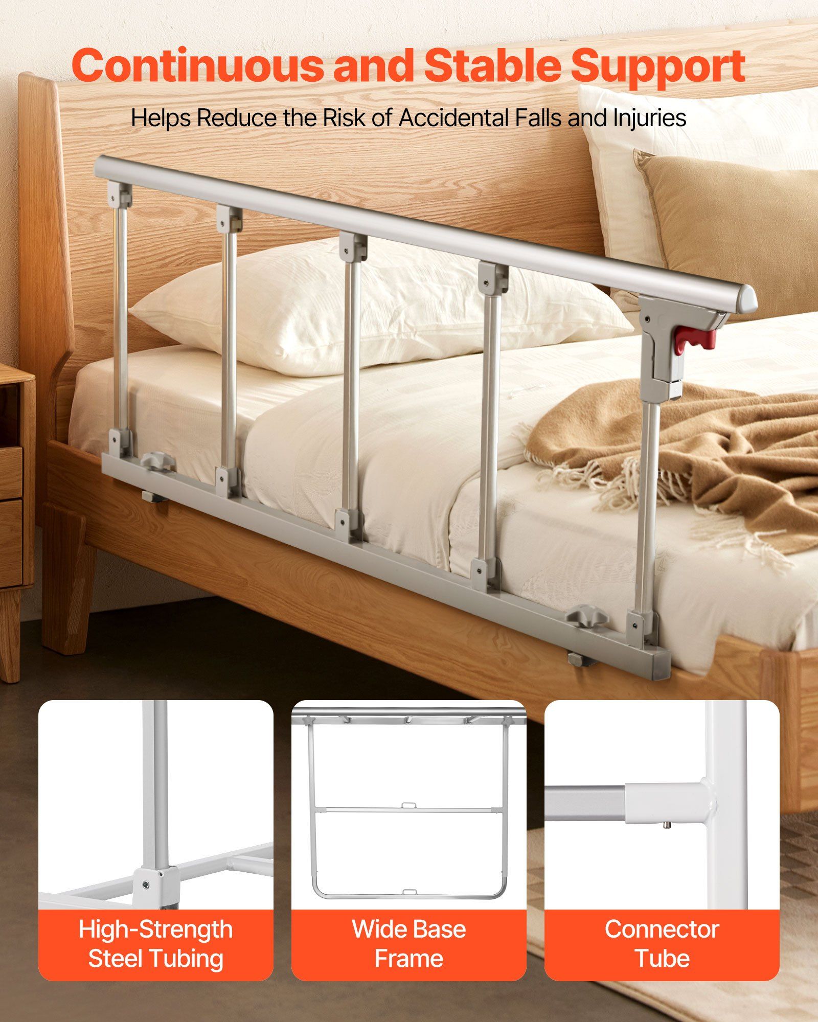 Foldable Bed Rail for Elderly, 122 cm Bedside Assist Rail with Fixing Strap, Adjustable Height Pipe Bedside Cane, High-Strength Metal Senior Bed Bar, Hand Guard Grab Fits King, Queen, Full, Twin - Image 3