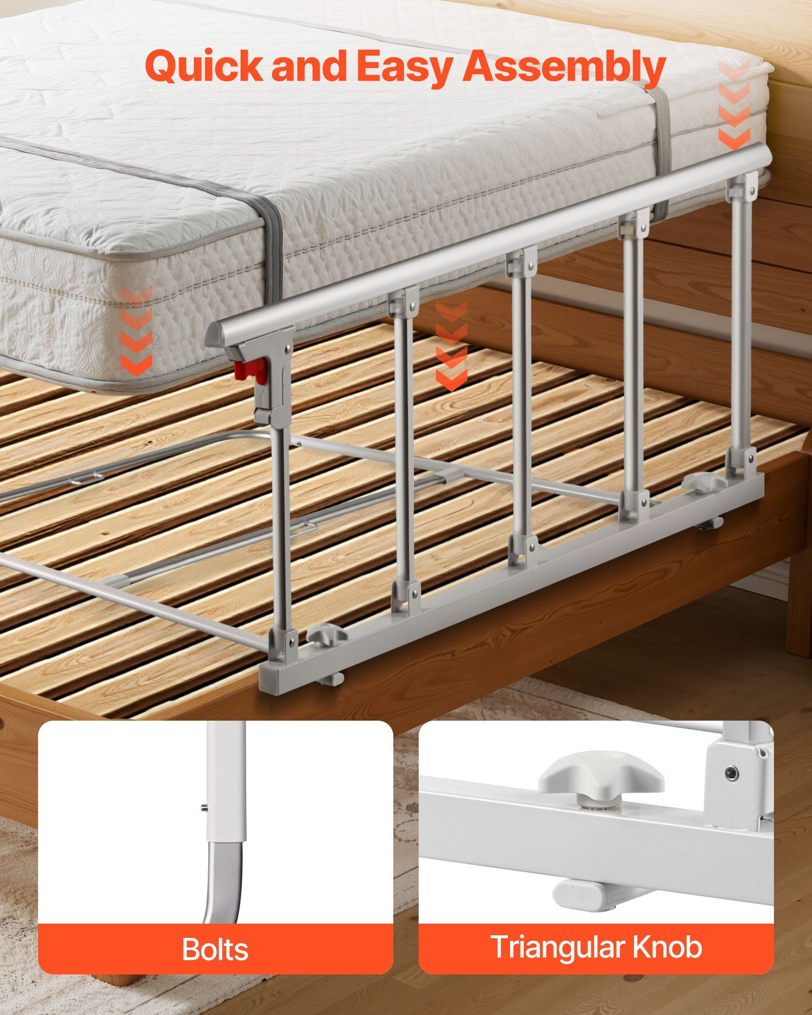 Foldable Bed Rail for Elderly, 122 cm Bedside Assist Rail with Fixing Strap, Adjustable Height Pipe Bedside Cane, High-Strength Metal Senior Bed Bar, Hand Guard Grab Fits King, Queen, Full, Twin - Image 5