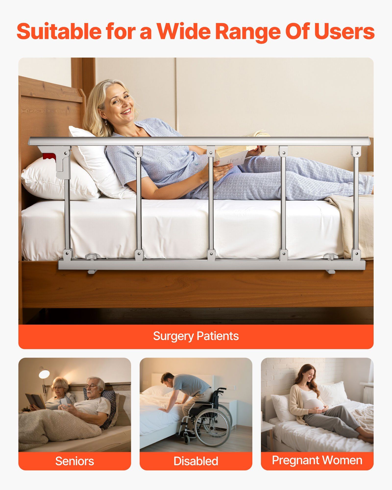 Foldable Bed Rail for Elderly, 122 cm Bedside Assist Rail with Fixing Strap, Adjustable Height Pipe Bedside Cane, High-Strength Metal Senior Bed Bar, Hand Guard Grab Fits King, Queen, Full, Twin - Image 6