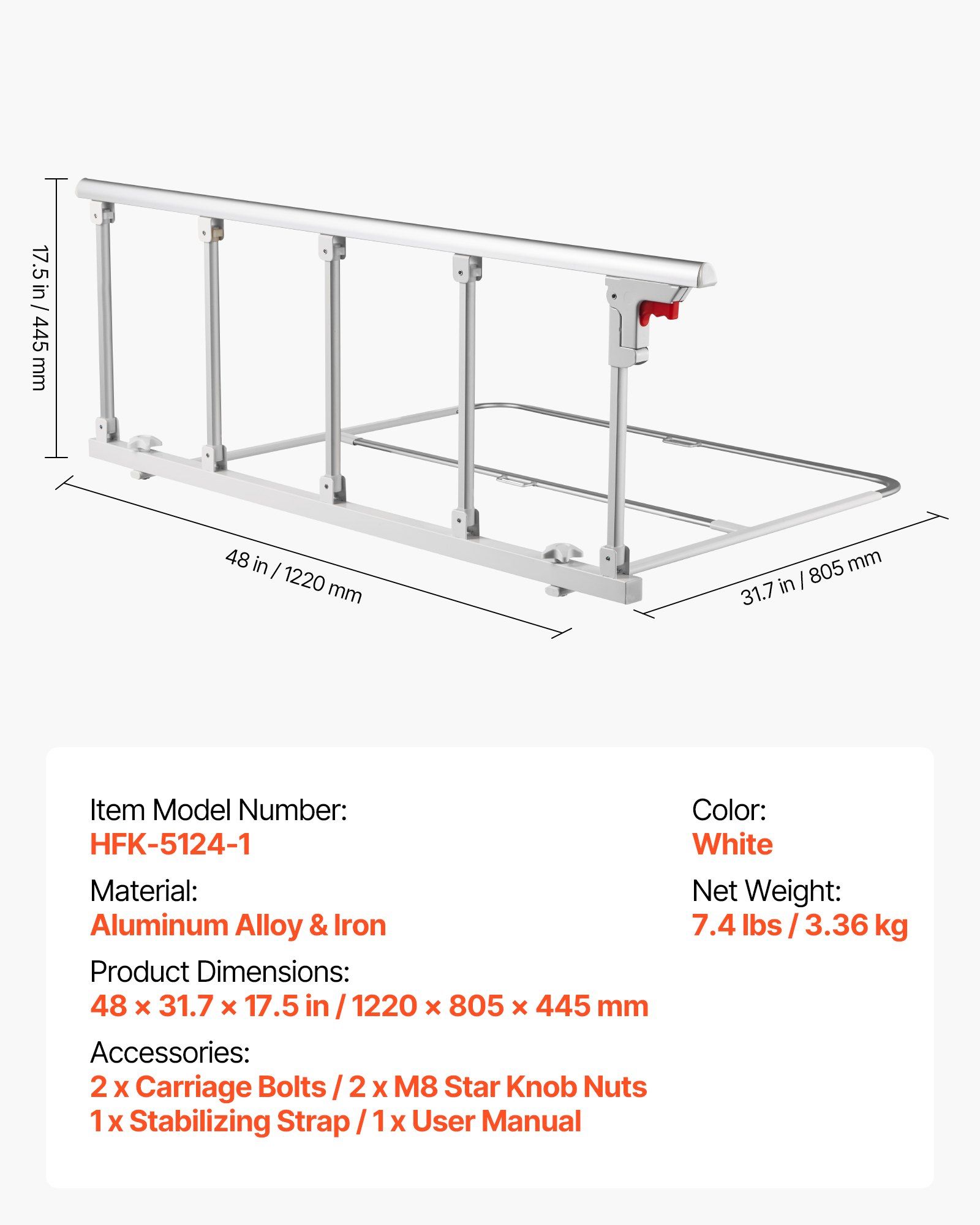 Foldable Bed Rail for Elderly, 122 cm Bedside Assist Rail with Fixing Strap, Adjustable Height Pipe Bedside Cane, High-Strength Metal Senior Bed Bar, Hand Guard Grab Fits King, Queen, Full, Twin - Image 7